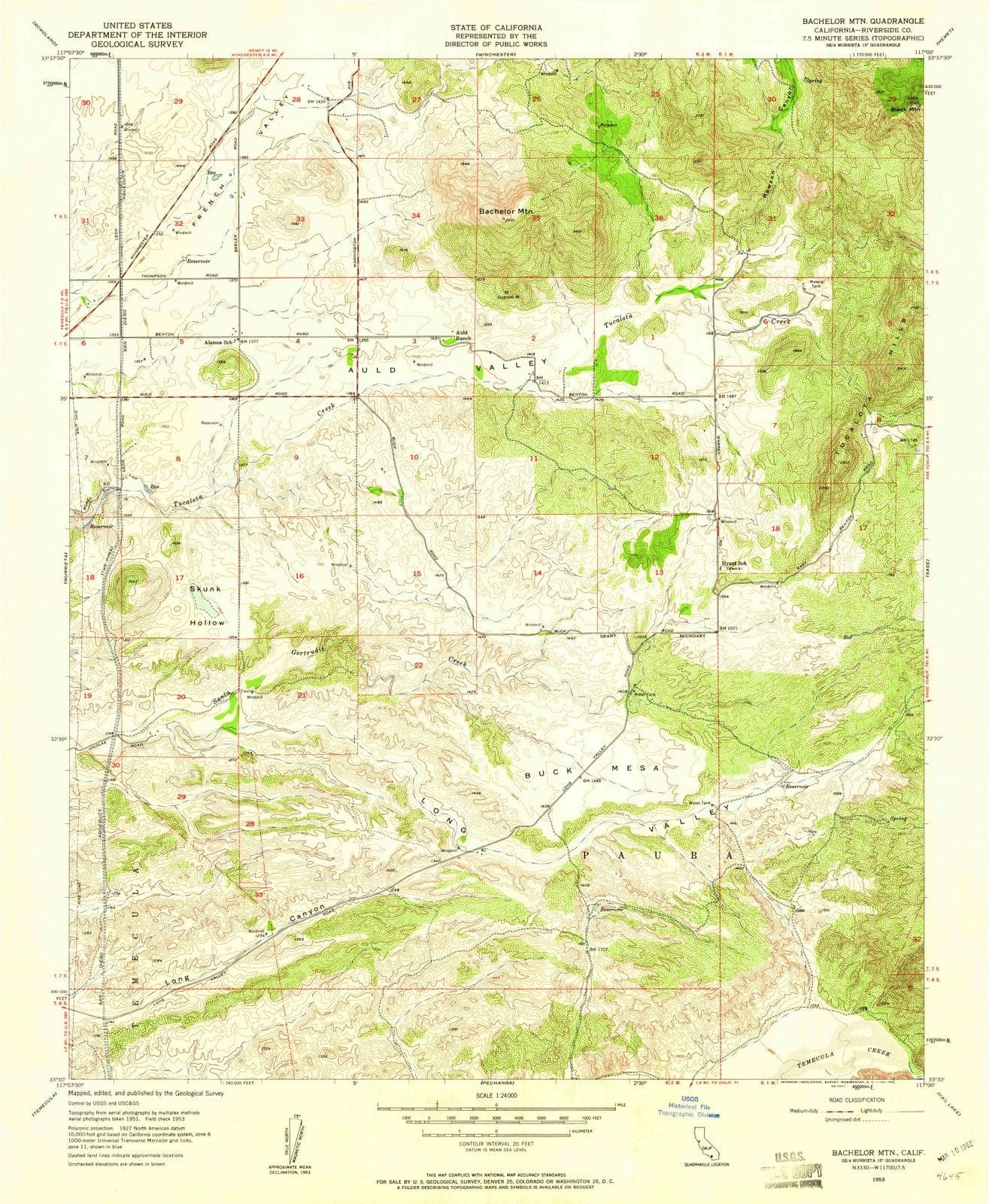 1953 Bachelor MTN, CA - California - USGS Topographic Map