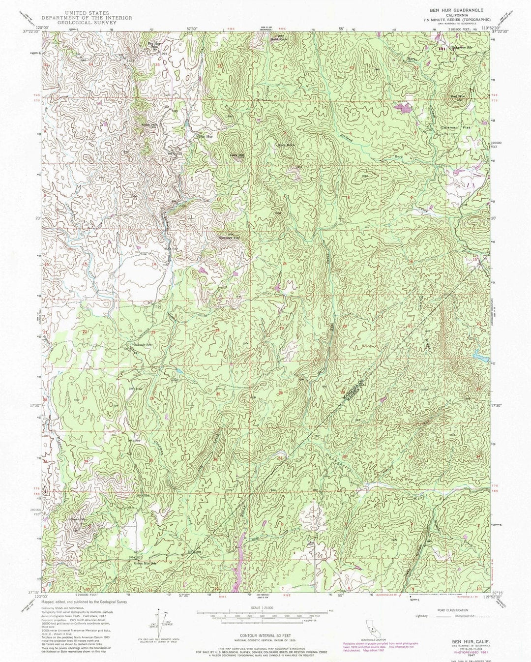 1947 Ben Hur, CA - California - USGS Topographic Map