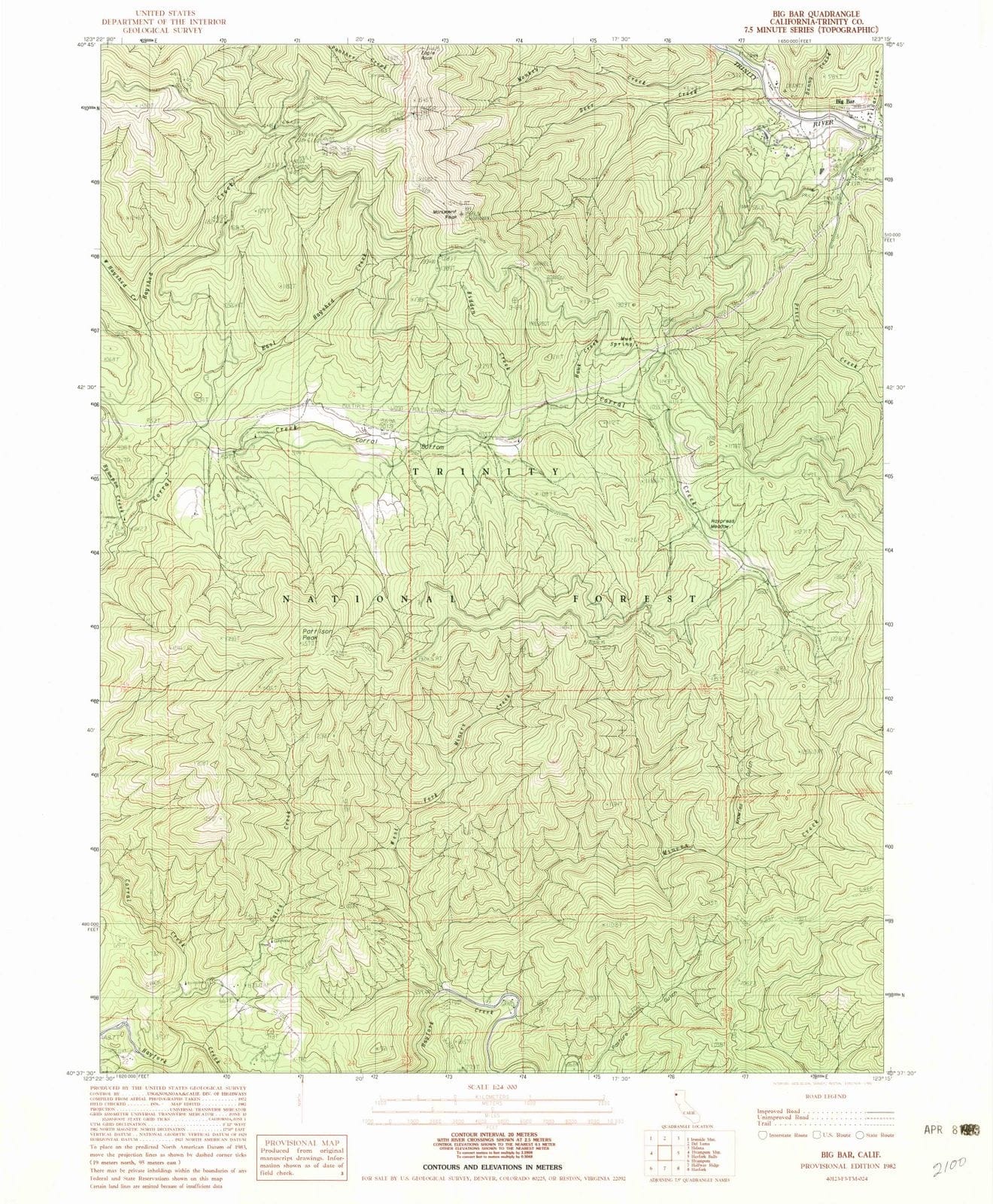1982 Big Bar, CA - California - USGS Topographic Map