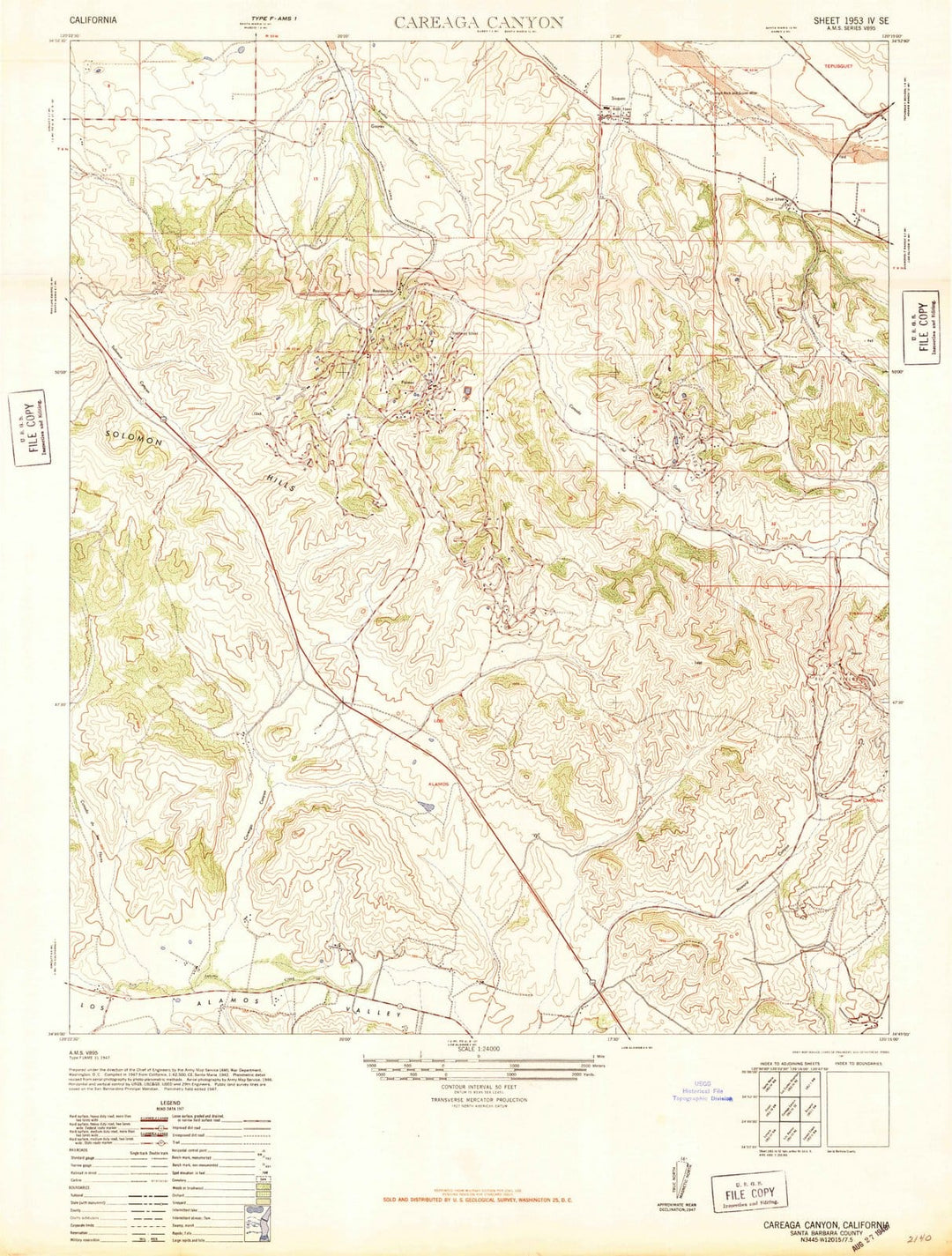 1947 Careaga Canyon, CA - California - USGS Topographic Map