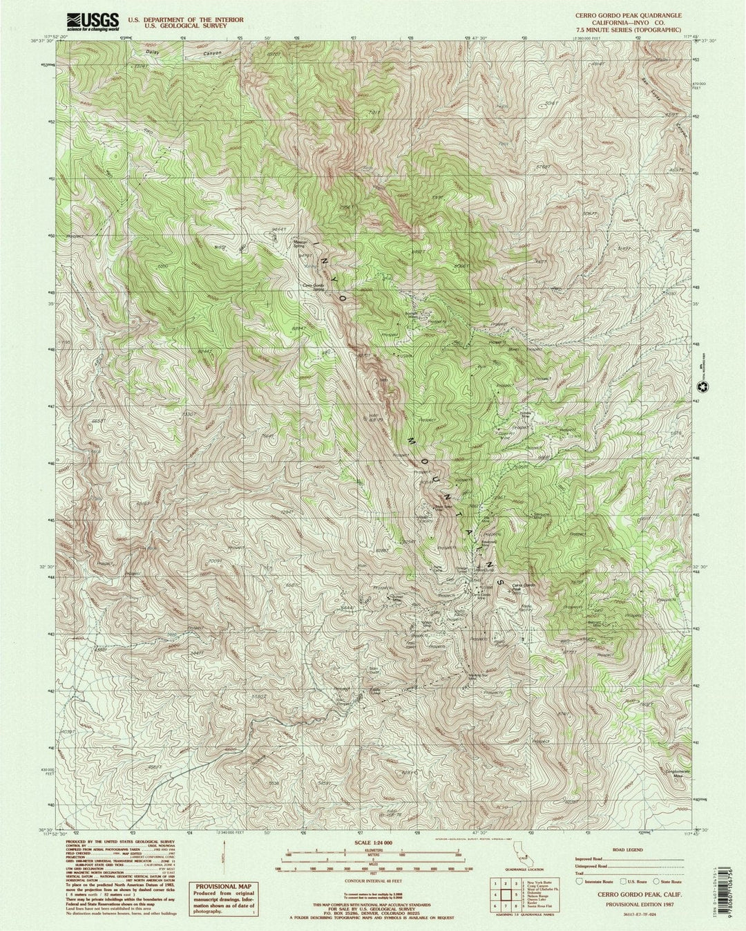 1987 Cerro Gordo Peak, CA - California - USGS Topographic Map