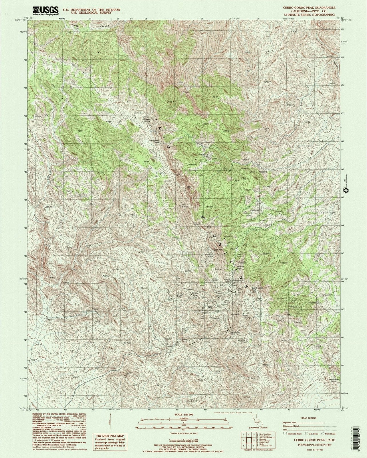 1987 Cerro Gordo Peak, CA - California - USGS Topographic Map