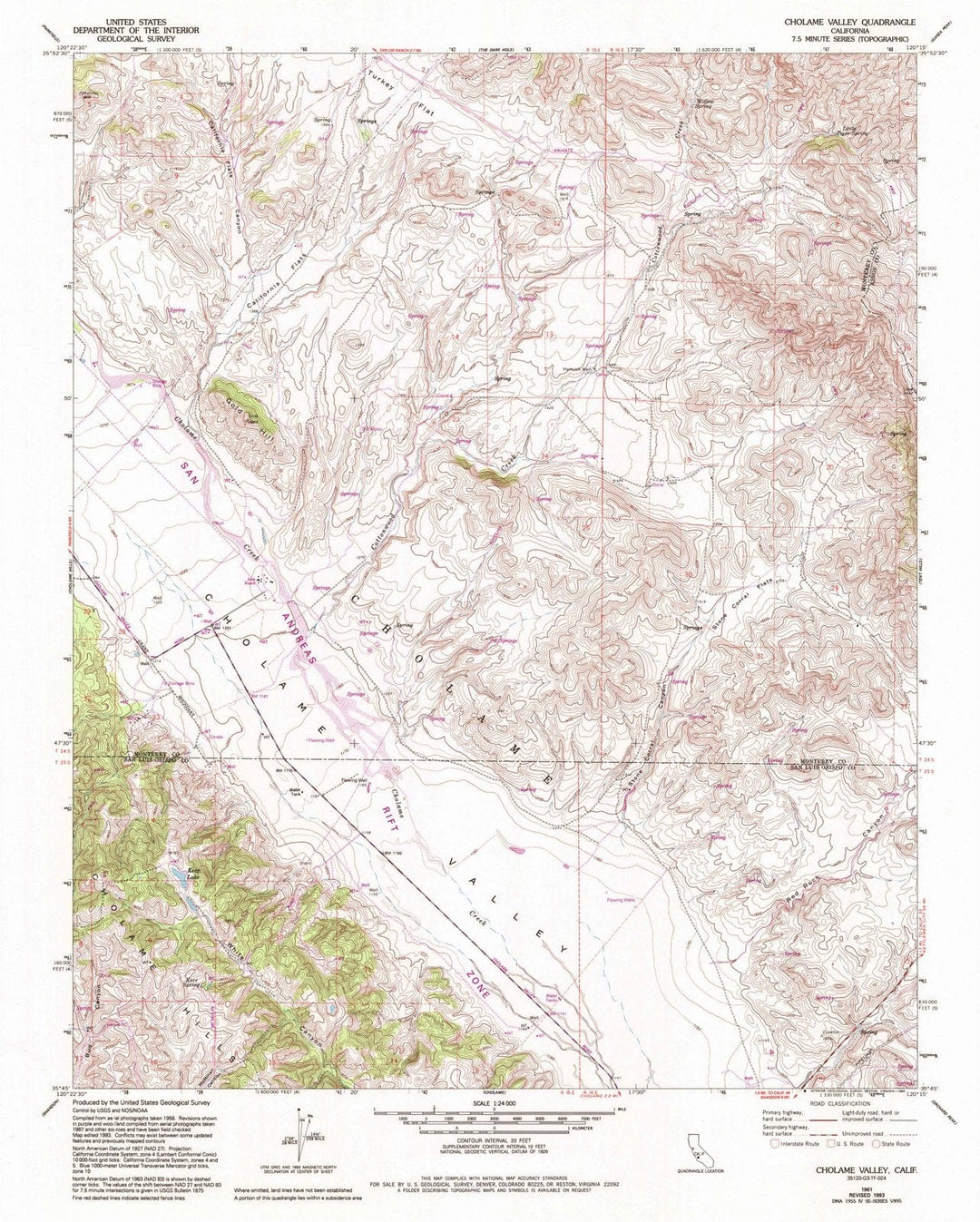 1961 Cholame Valley, CA - California - USGS Topographic Map