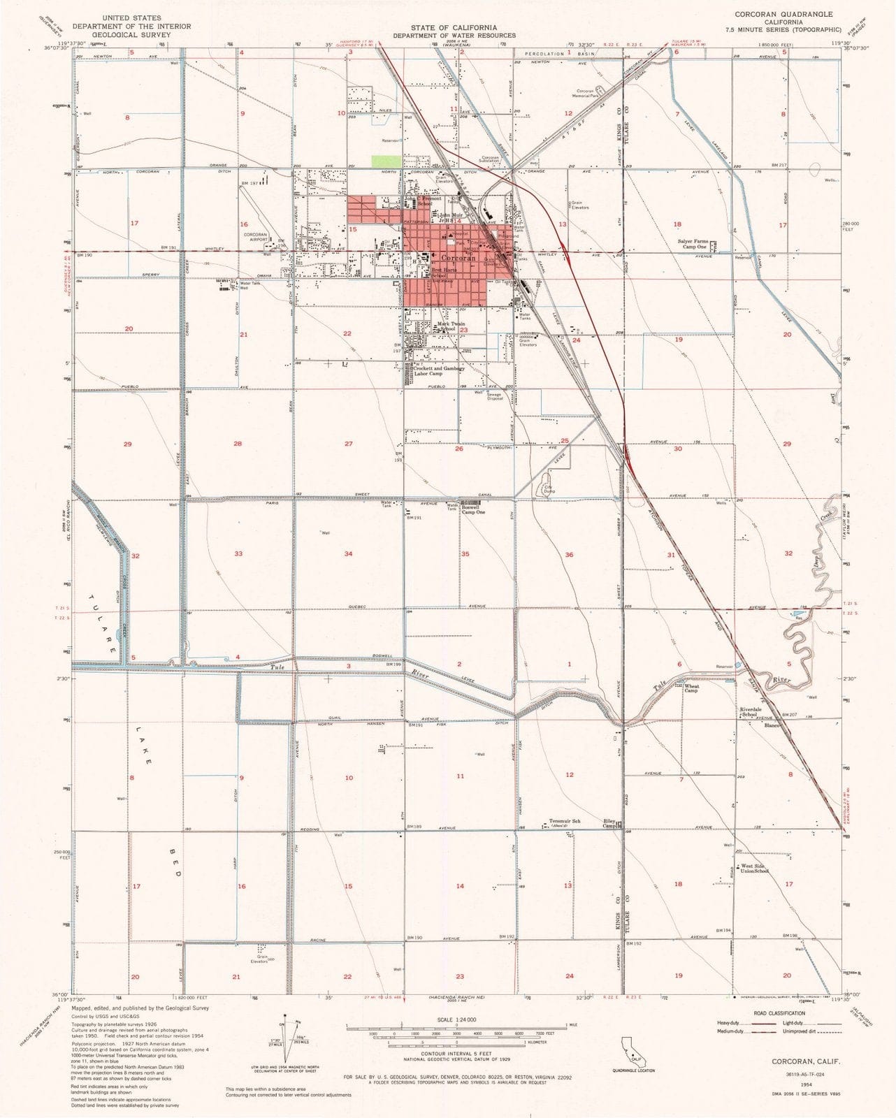 1954 Corcoran, CA - California - USGS Topographic Map