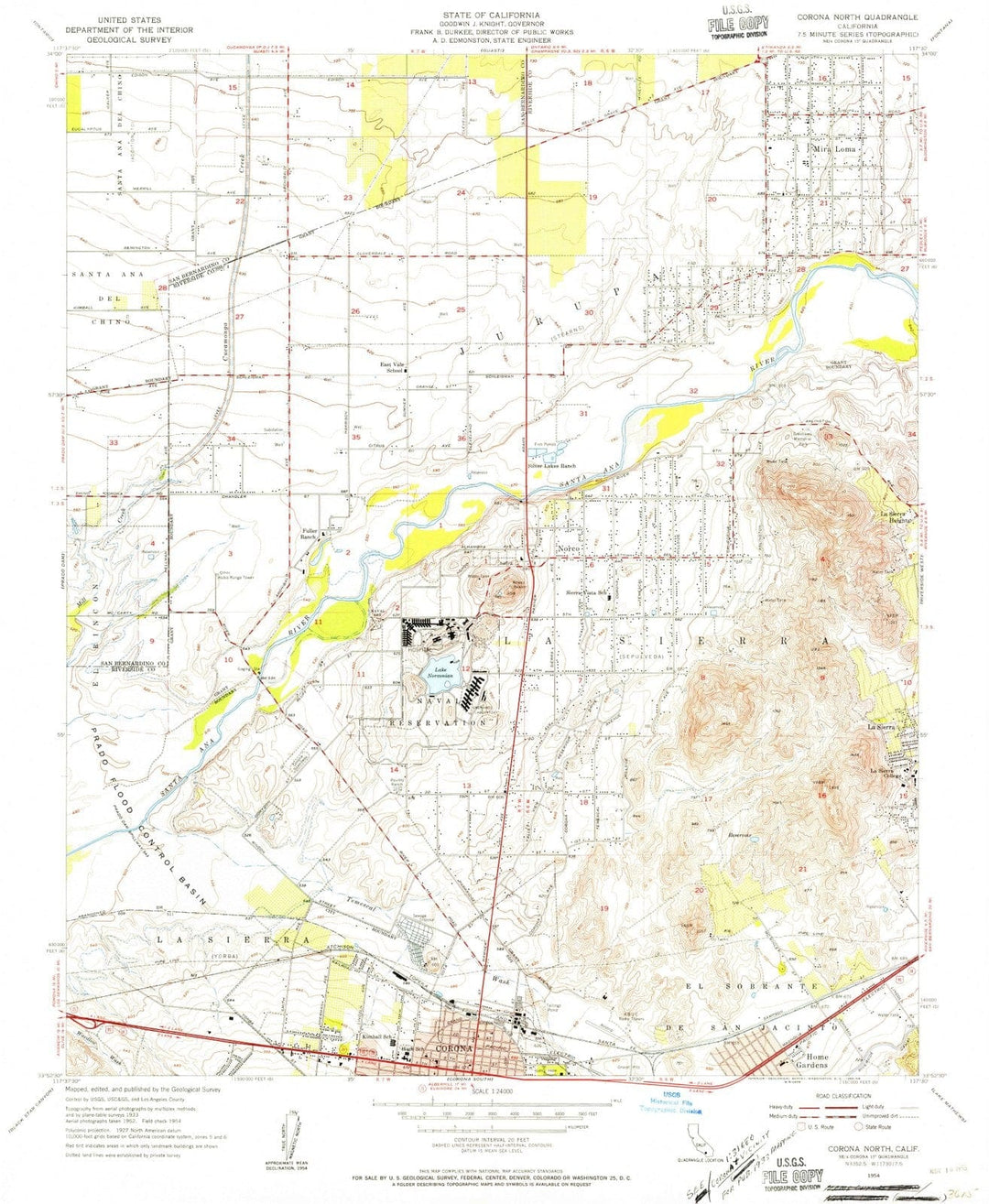 1954 Corona North, CA - California - USGS Topographic Map