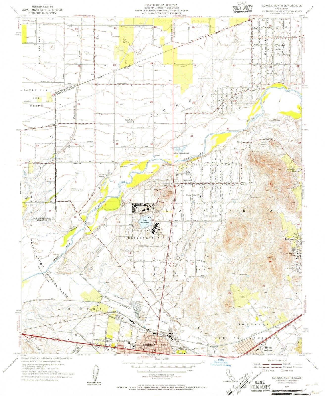 1954 Corona North, CA - California - USGS Topographic Map