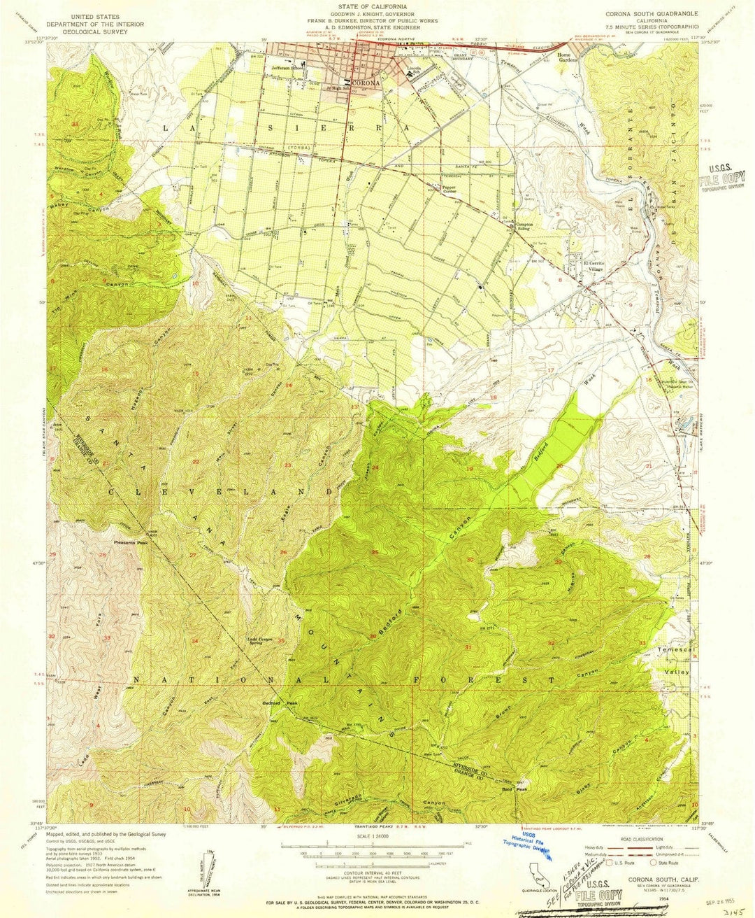 1954 Corona South, CA - California - USGS Topographic Map