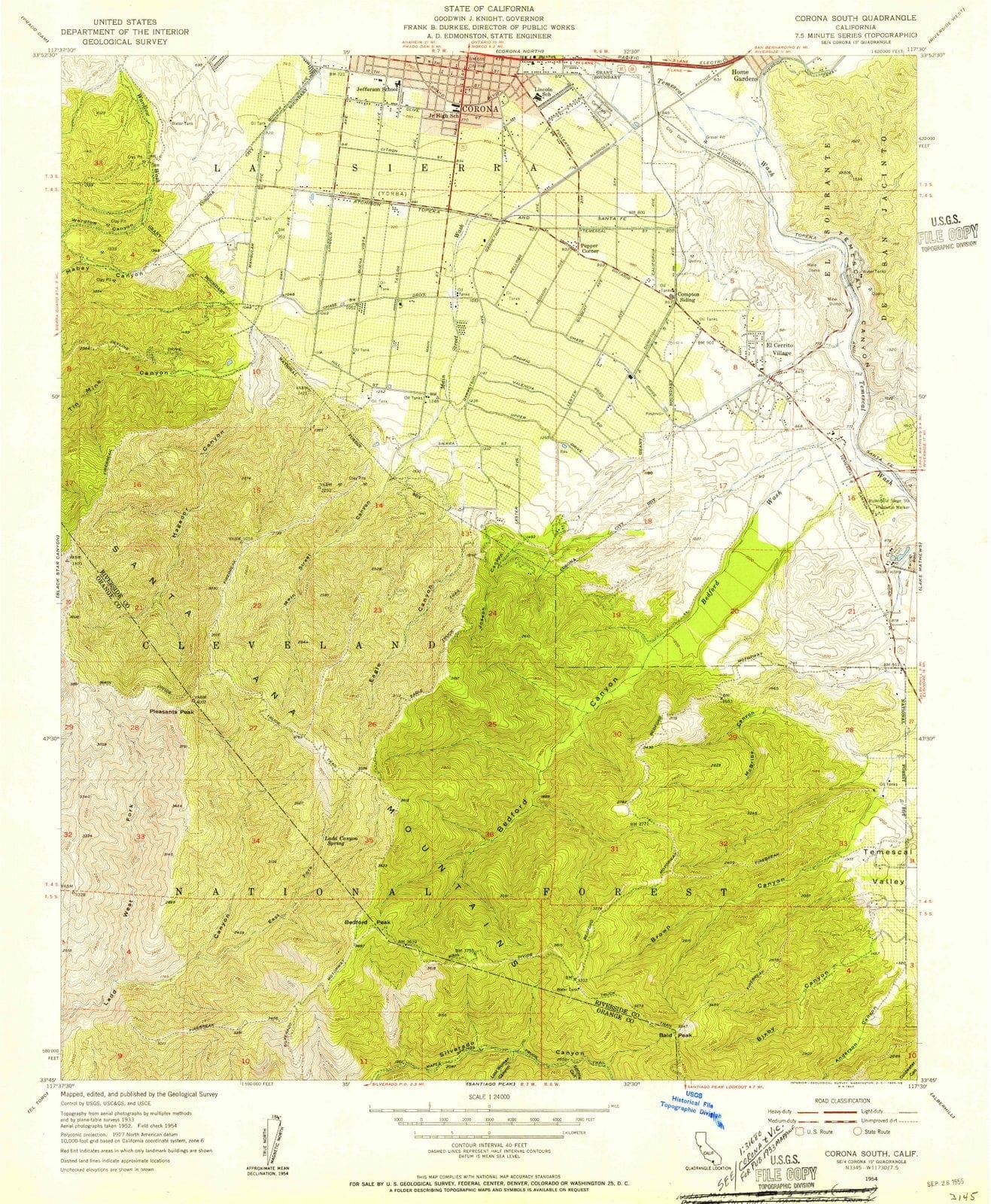 1954 Corona South, CA - California - USGS Topographic Map