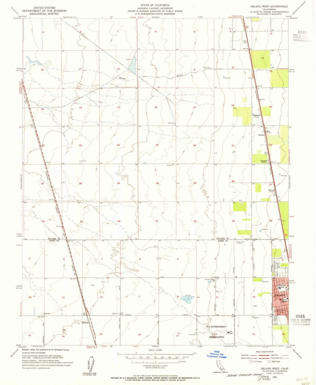 1954 Delano West, CA - California - USGS Topographic Map
