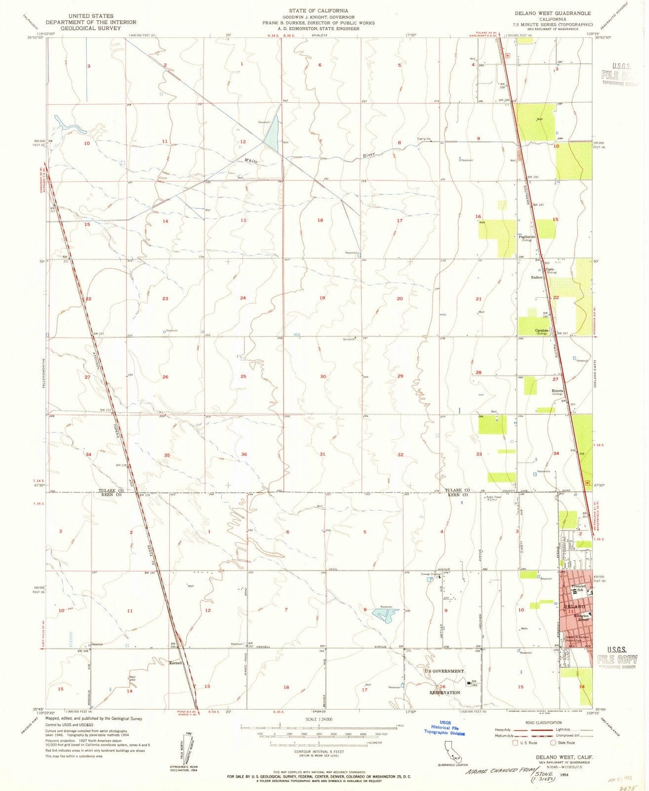 1954 Delano West, CA - California - USGS Topographic Map