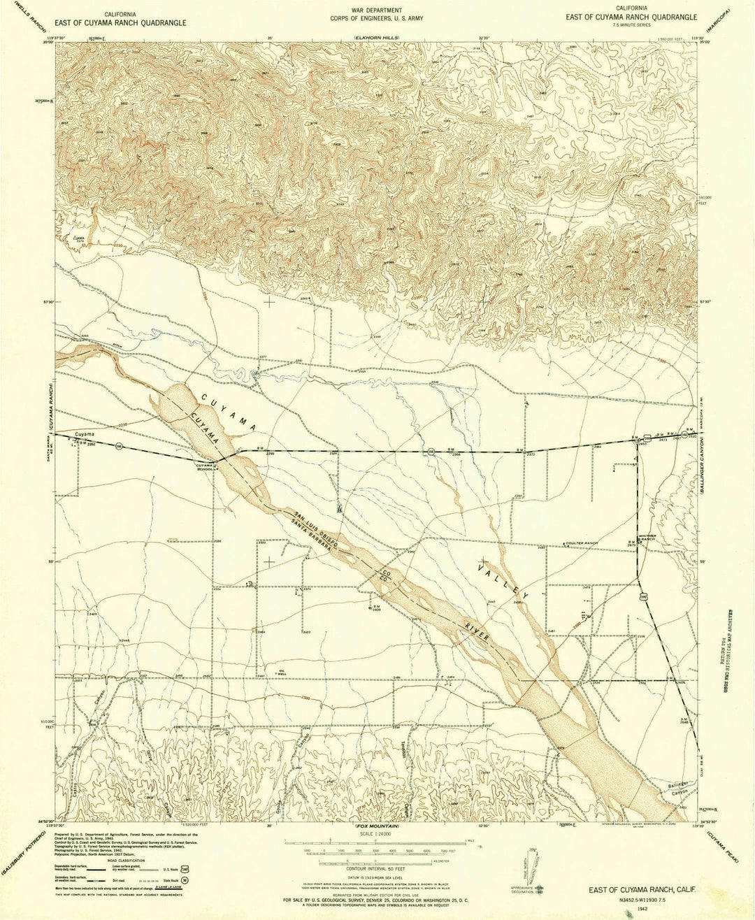 1942 East of Cuyama Ranch, CA - California - USGS Topographic Map