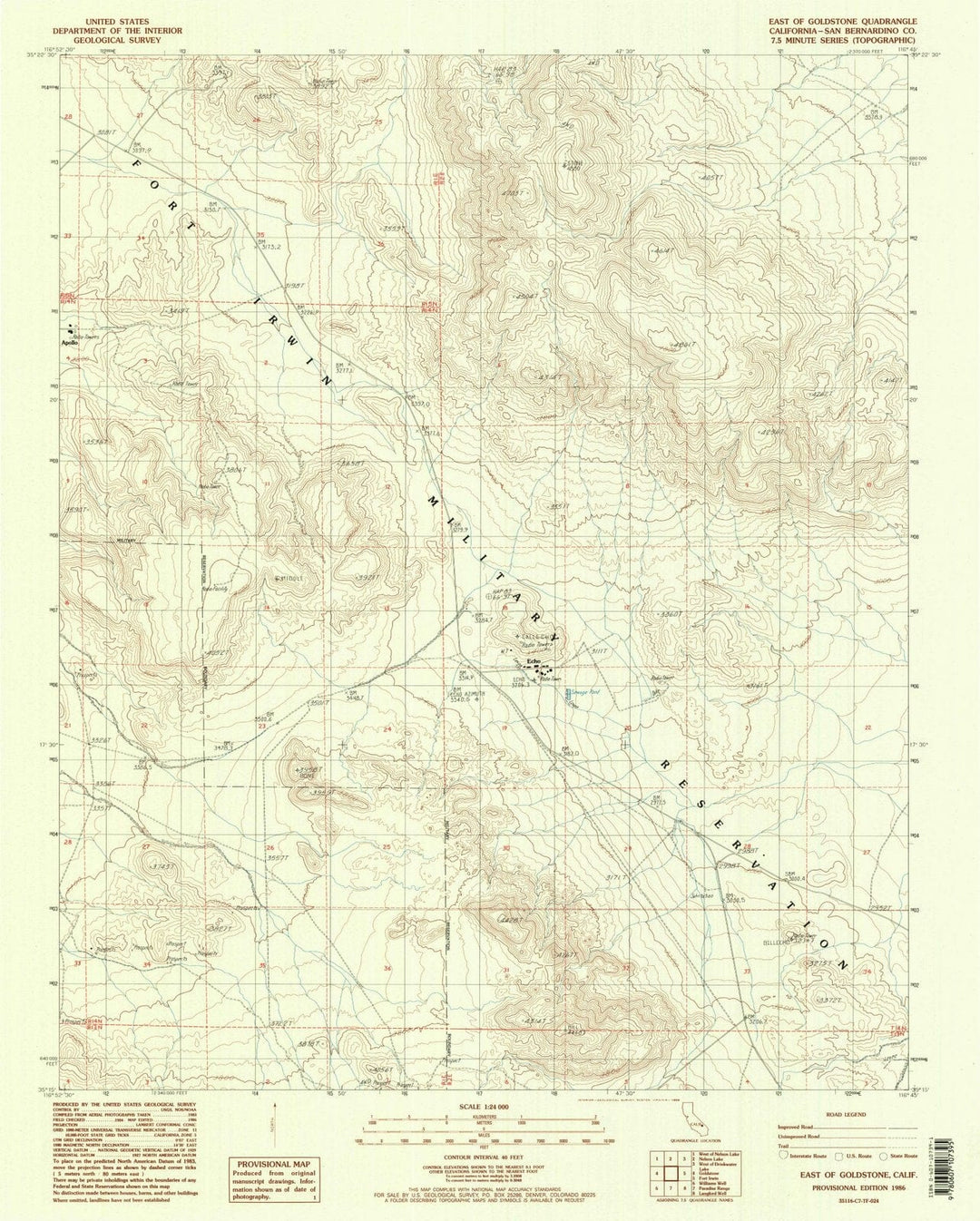 1986 East of Goldstone, CA - California - USGS Topographic Map