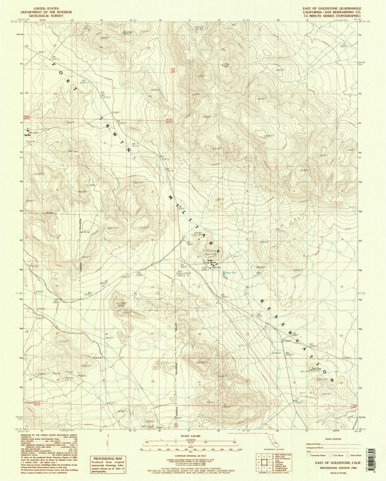 1986 East of Goldstone, CA - California - USGS Topographic Map