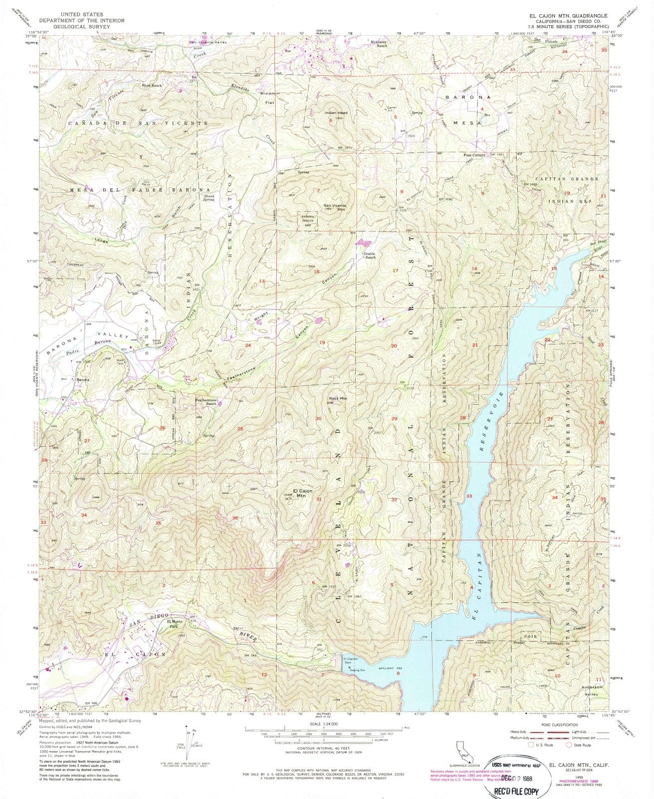 1955 El Cajon Mountain, CA - California - USGS Topographic Map