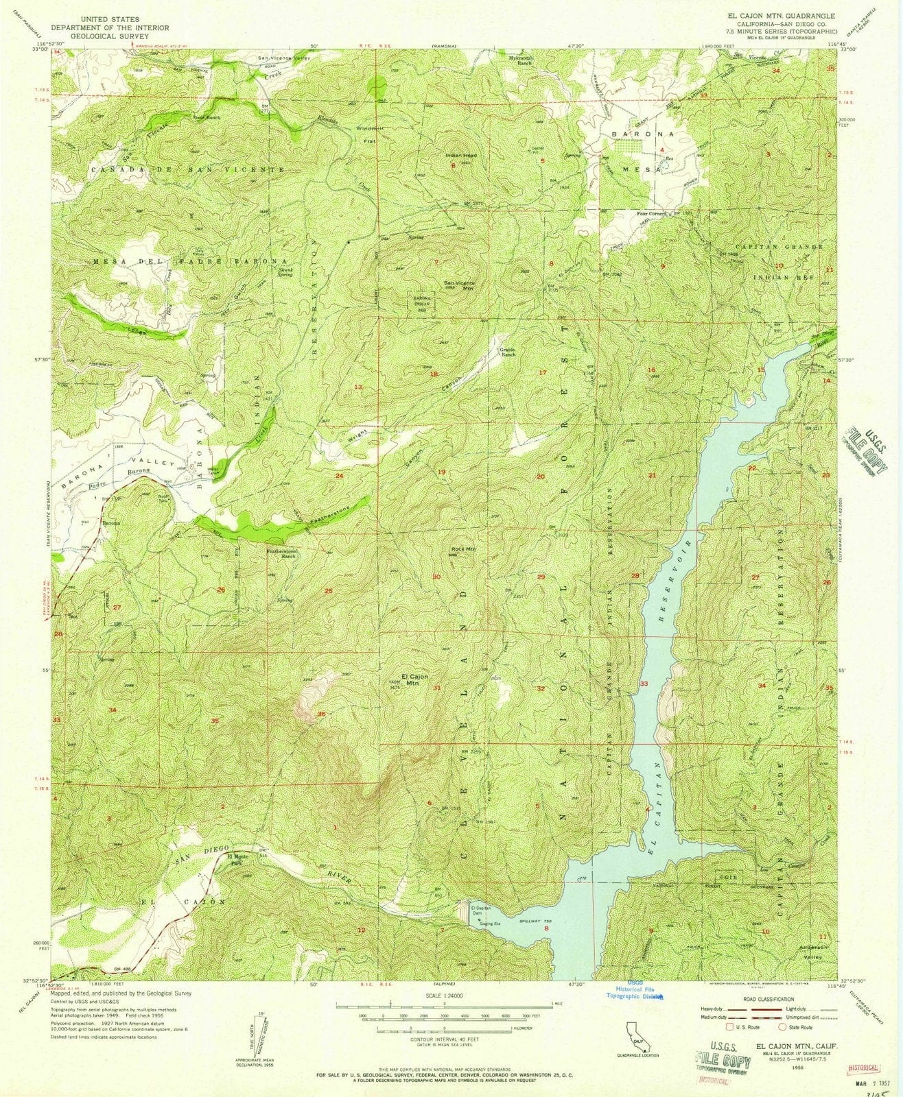 1955 El Cajon MTN, CA - California - USGS Topographic Map