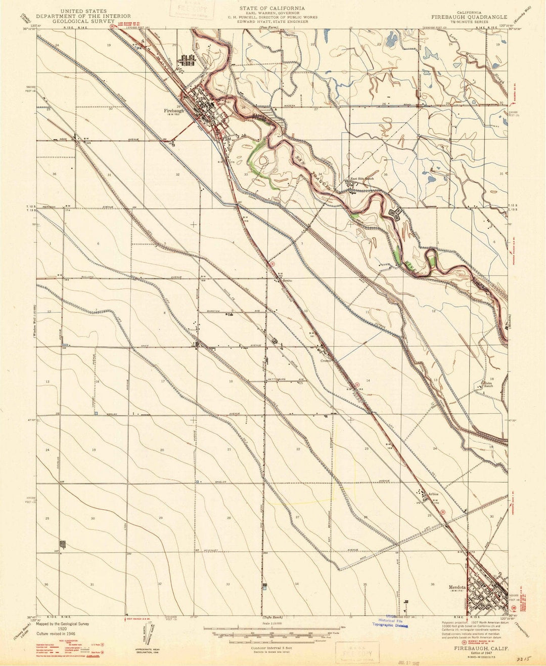 1947 Firebaugh, CA - California - USGS Topographic Map