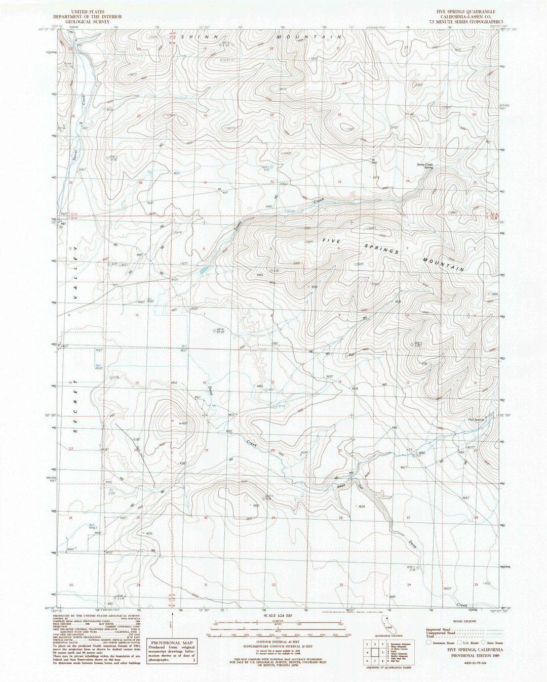 1989 Five Springs, CA - California - USGS Topographic Map