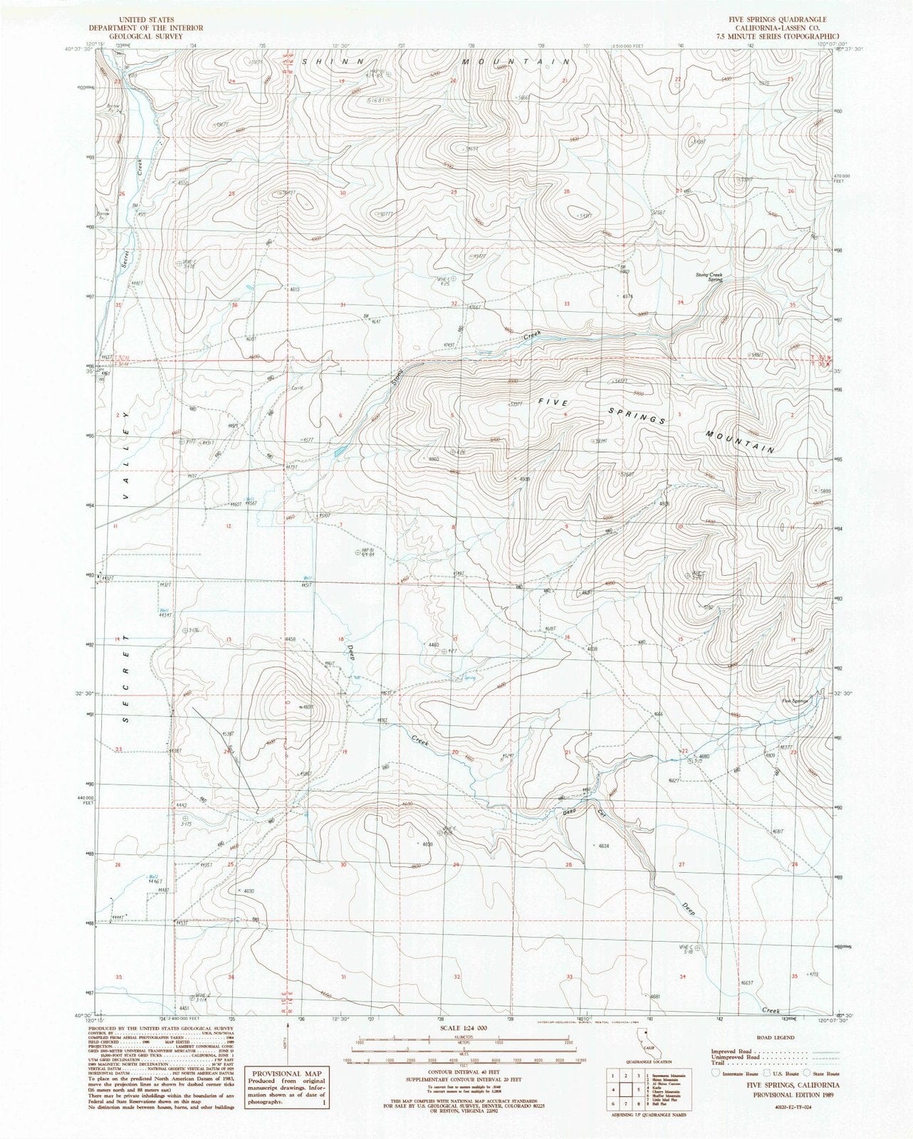 1989 Five Springs, CA - California - USGS Topographic Map