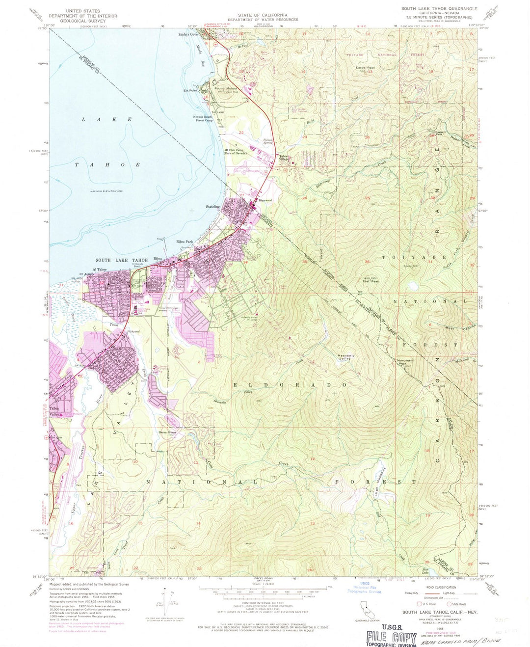 1955 South Lake Tahoe, CA - California - USGS Topographic Map