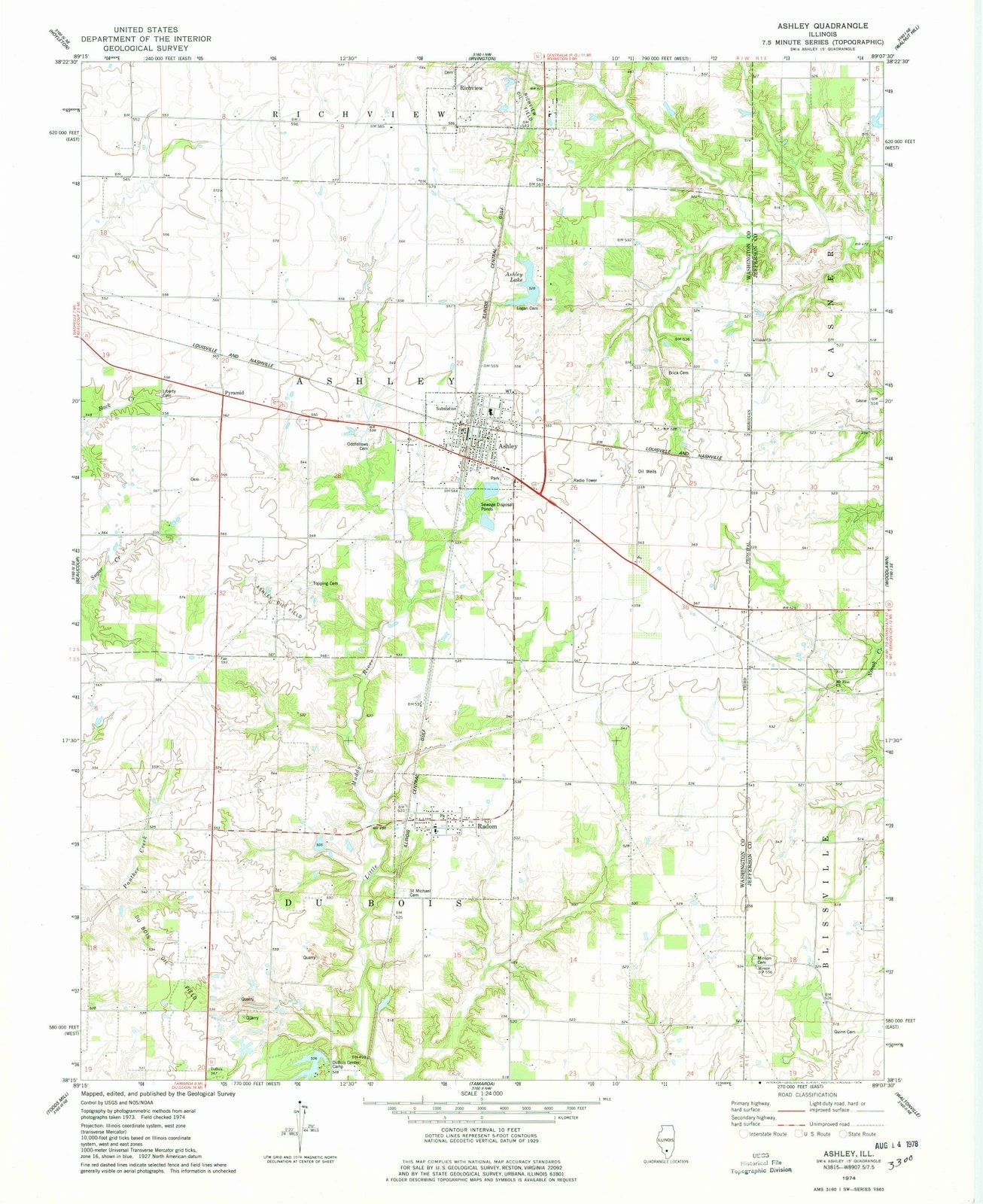 1974 Ashley, IL - Illinois - USGS Topographic Map