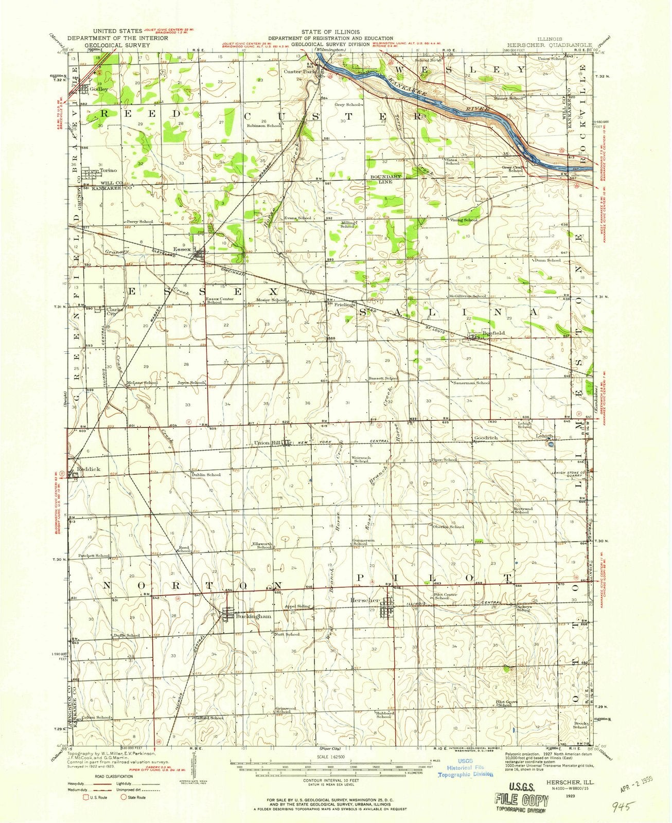 1923 Herscher, IL - Illinois - USGS Topographic Map