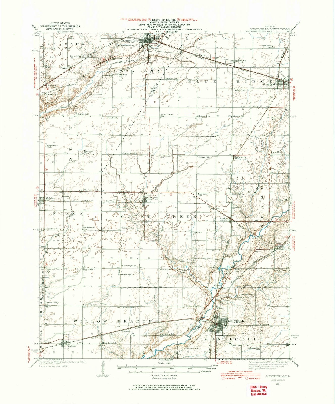 1937 Monticello, IL - Illinois - USGS Topographic Map
