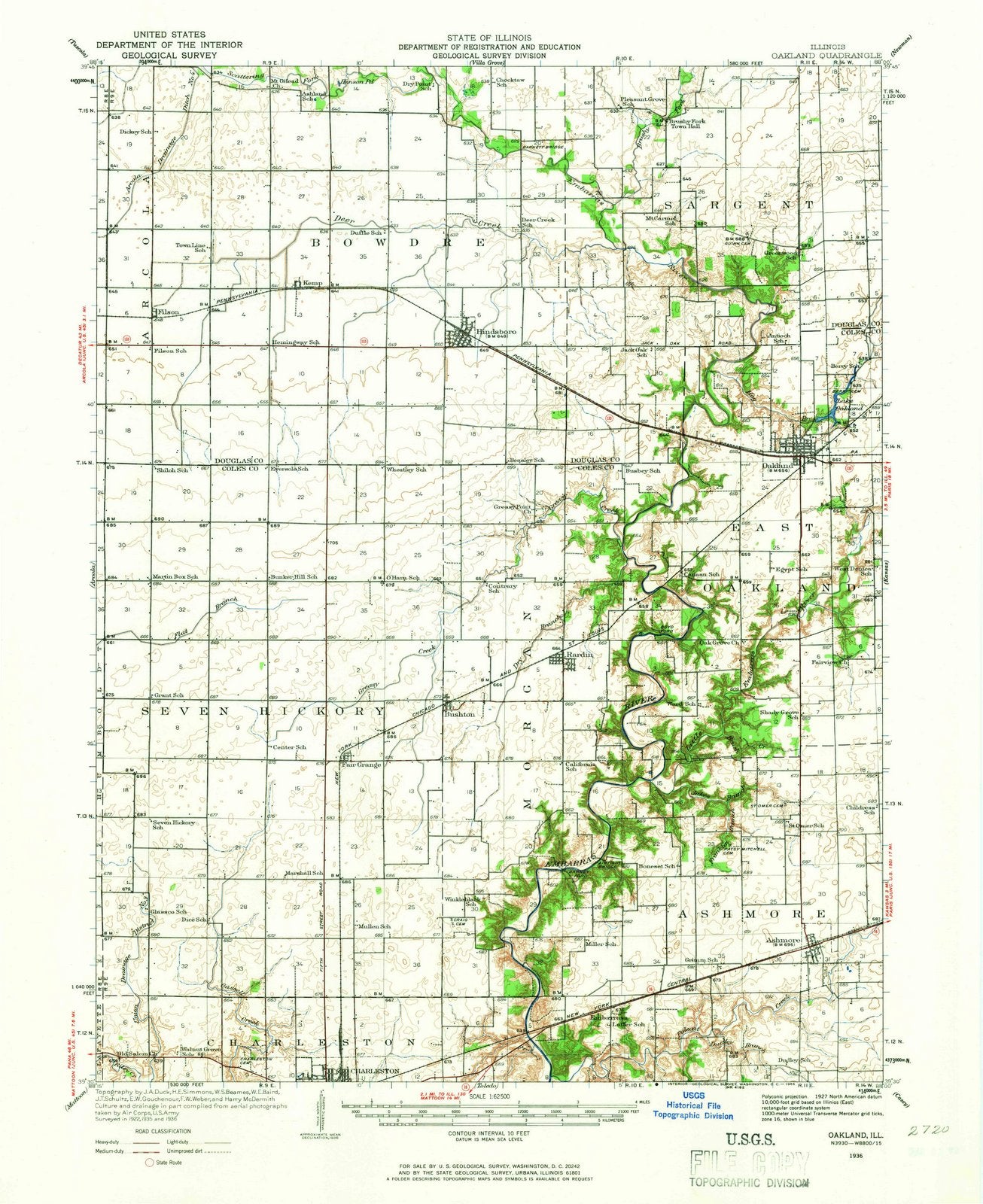 1936 Oakland, IL - Illinois - USGS Topographic Map