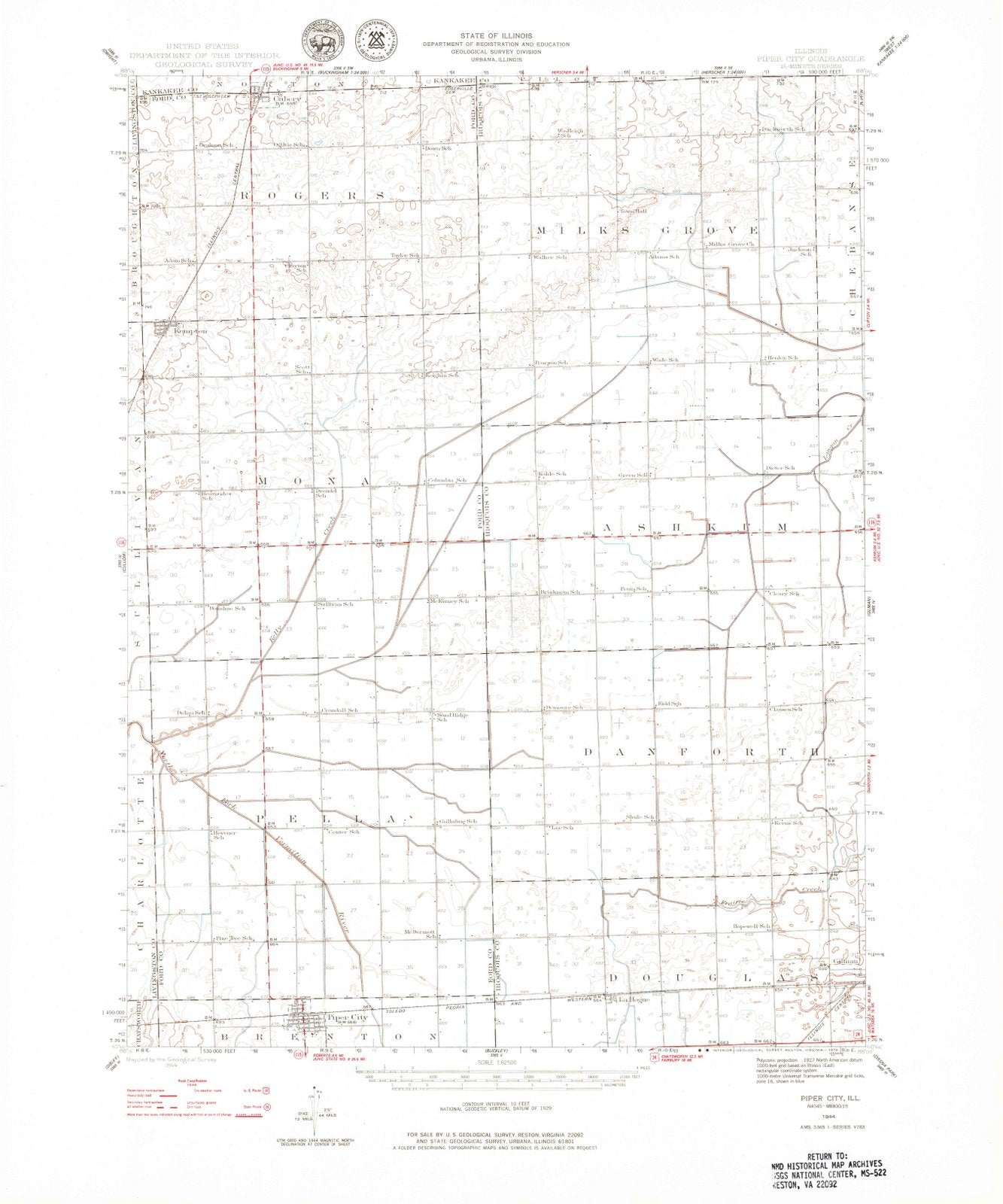 1944 Piper City, IL - Illinois - USGS Topographic Map