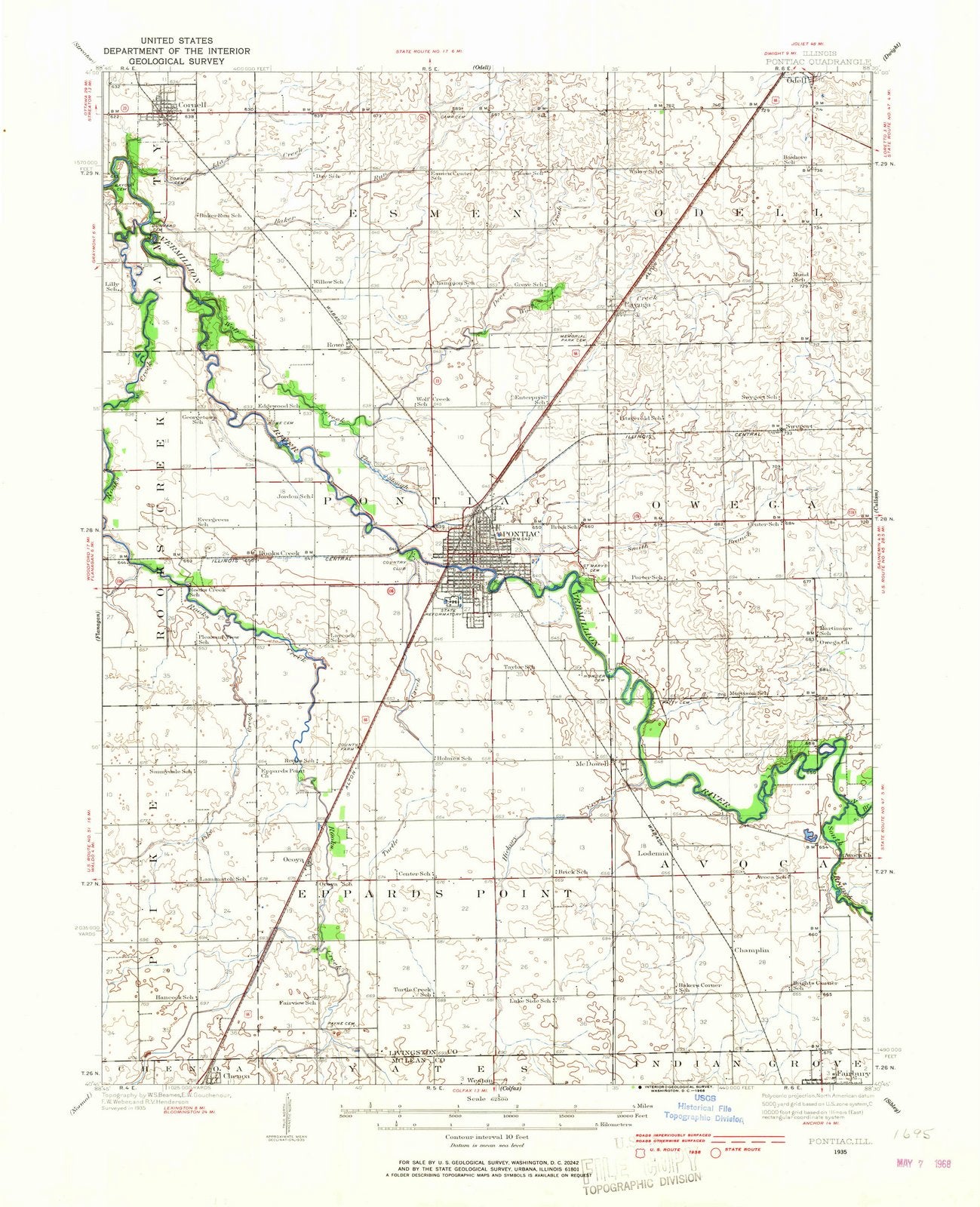 1935 Pontiac, IL - Illinois - USGS Topographic Map