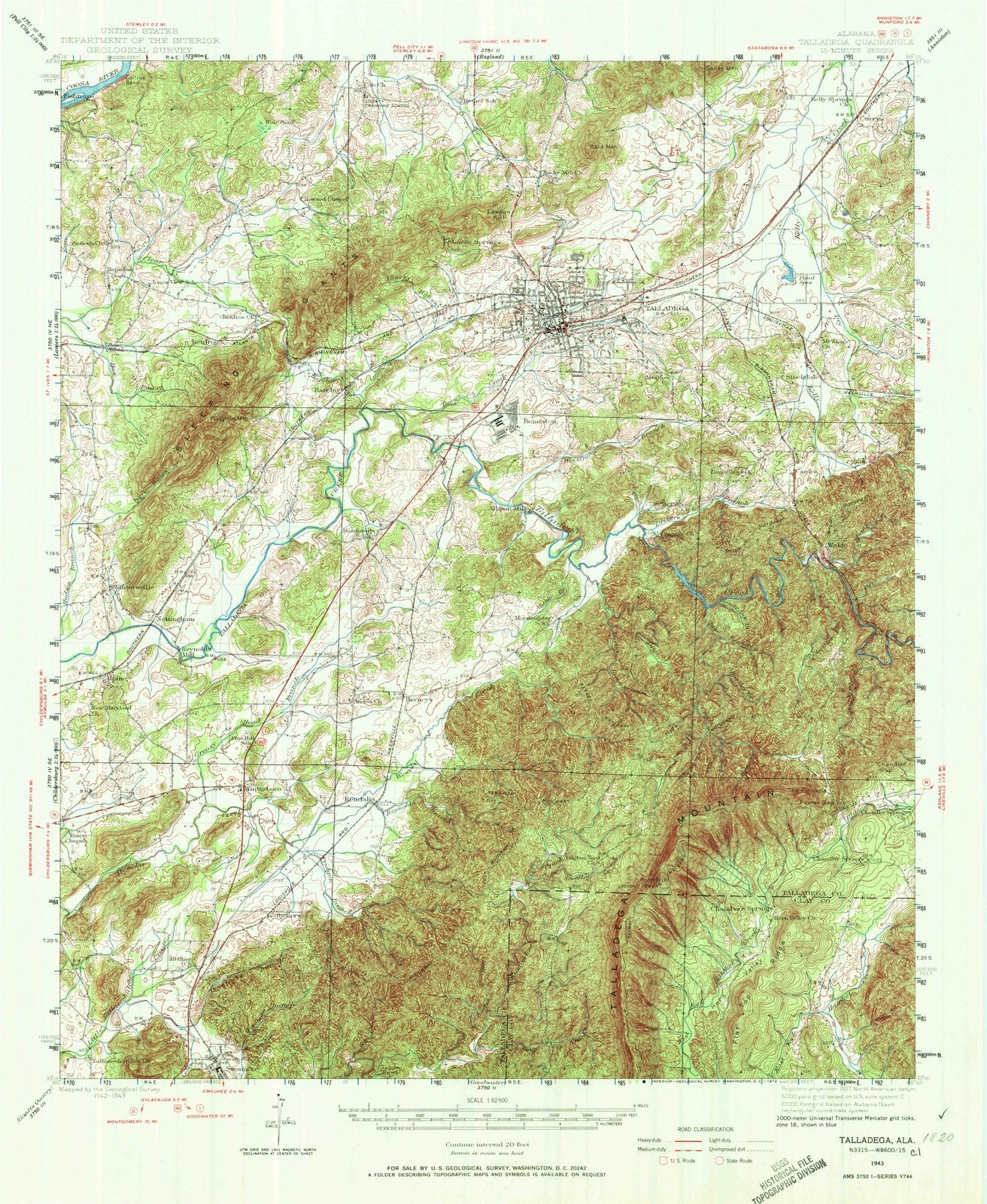 1943 Talladega, AL - Alabama - USGS Topographic Map