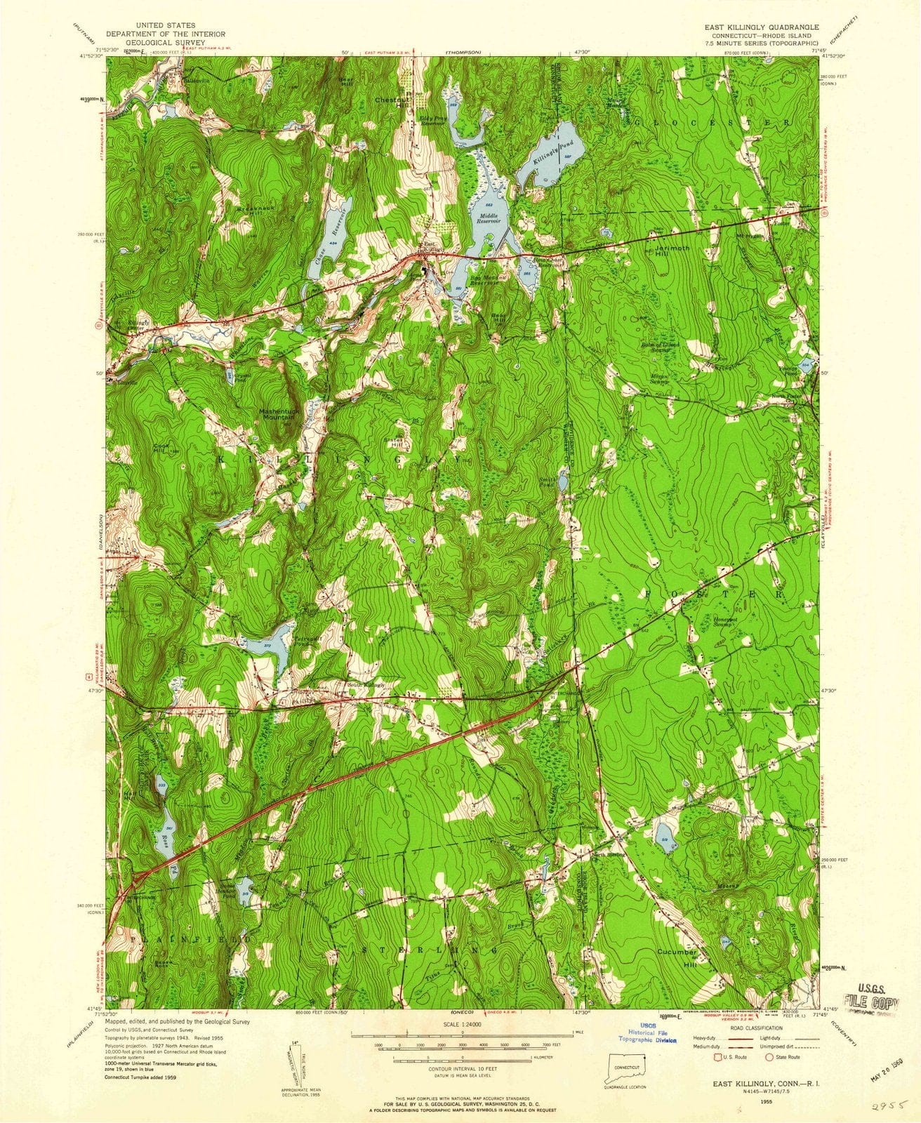 1955 East Killingly, CT - Connecticut - USGS Topographic Map