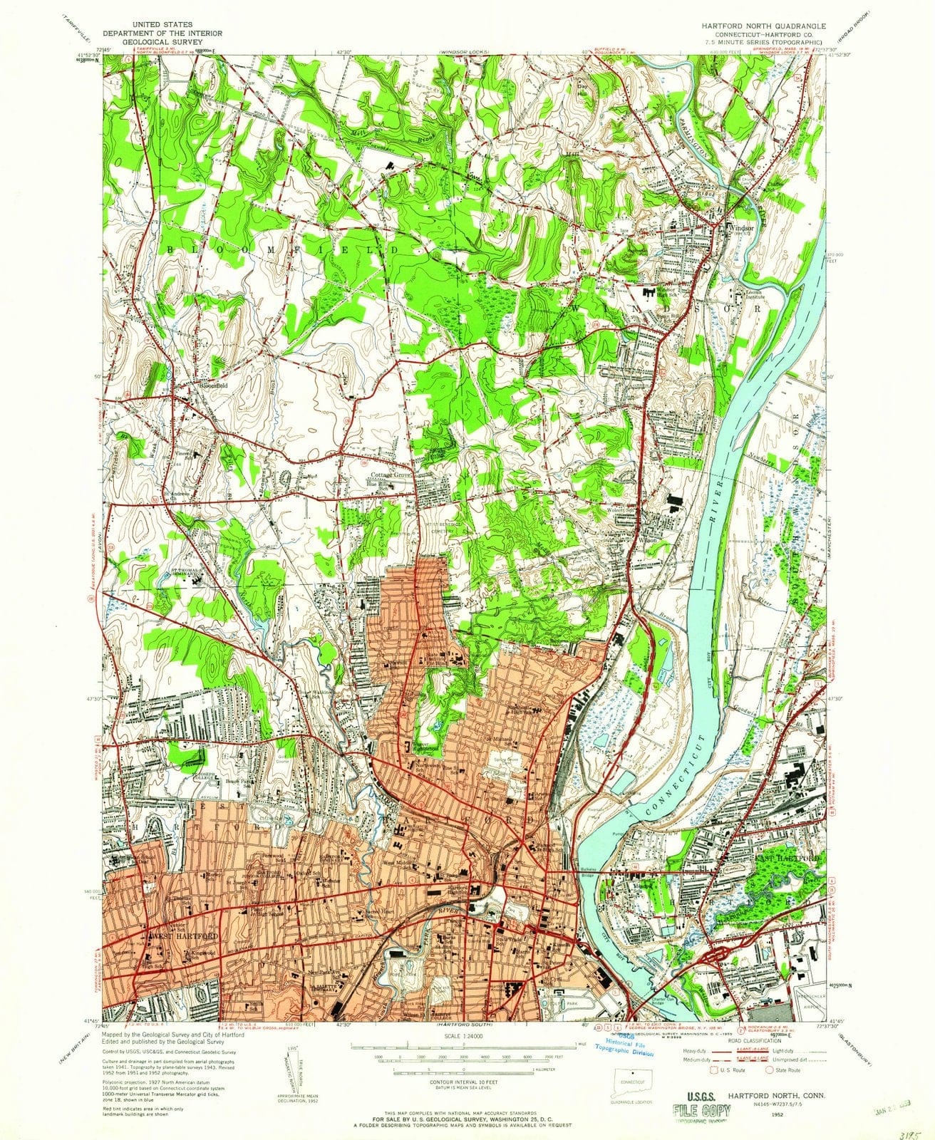 1952 Hartford North, CT - Connecticut - USGS Topographic Map
