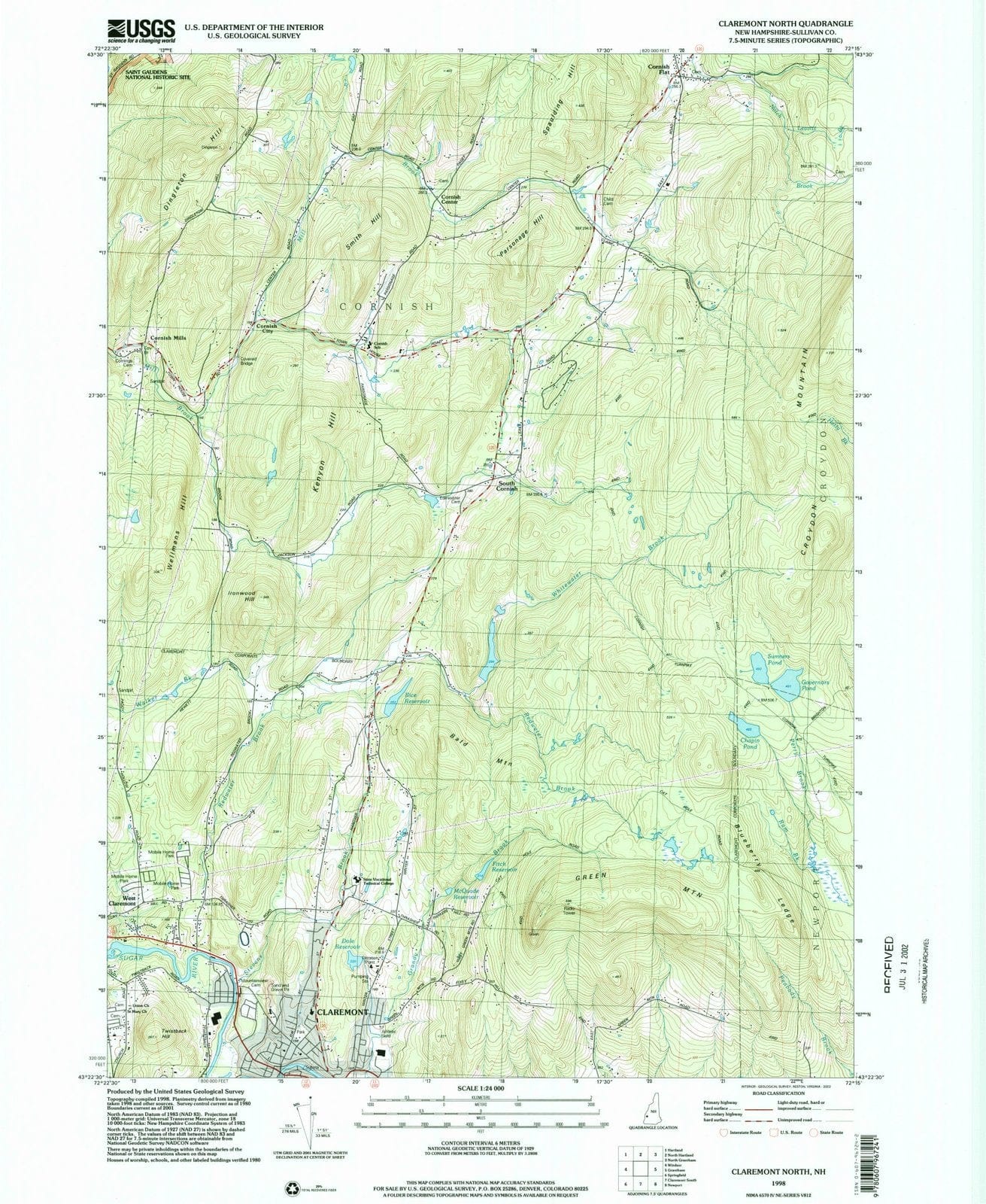 1998 Claremont, NH - New Hampshire - USGS Topographic Map