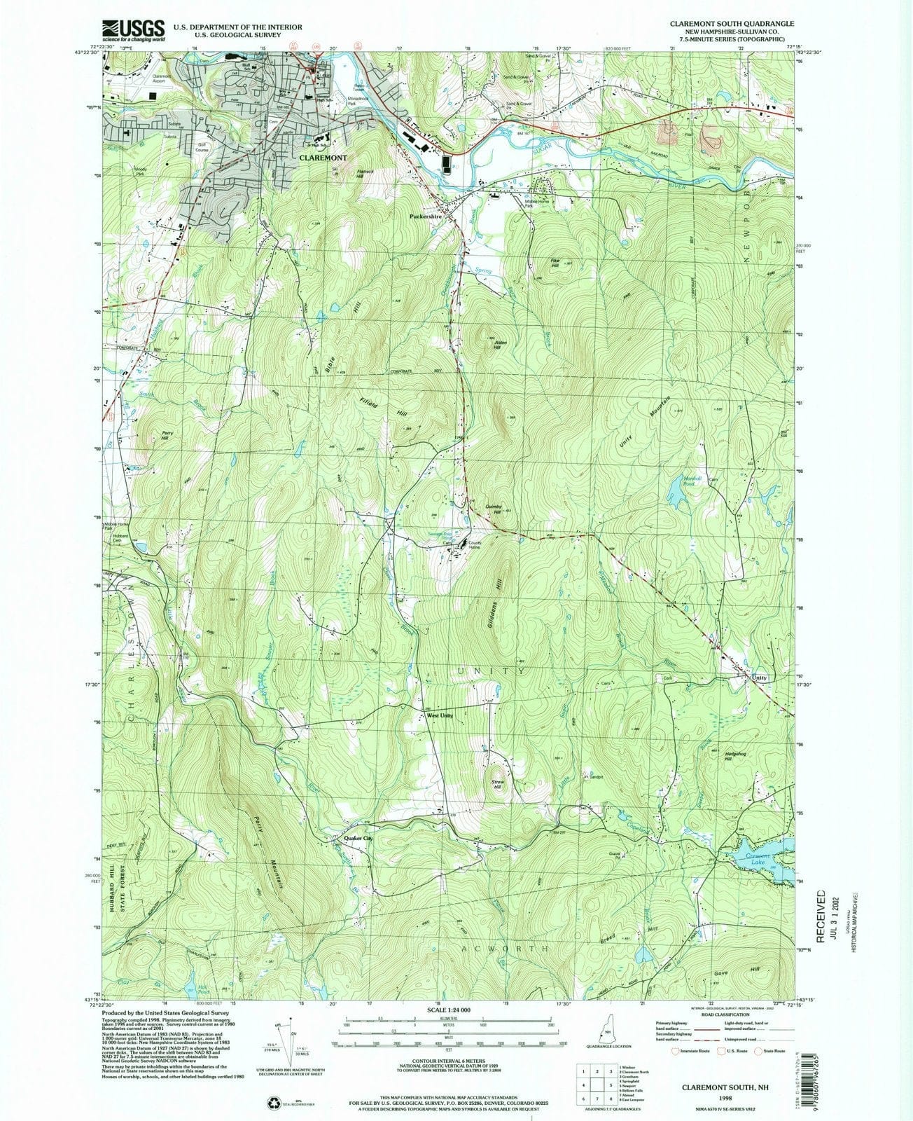 1998 Claremont, NH - New Hampshire - USGS Topographic Map v2
