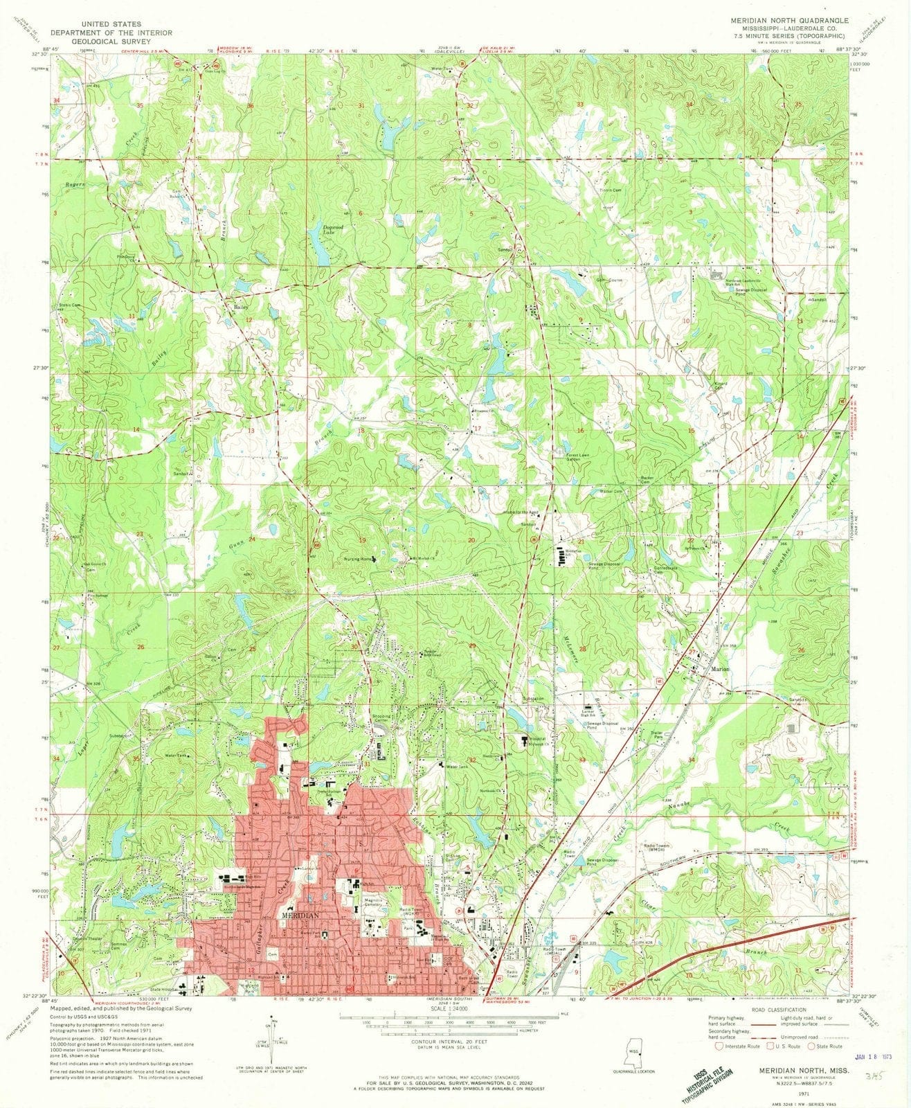 1971 Meridian North, MS - Mississippi - USGS Topographic Map
