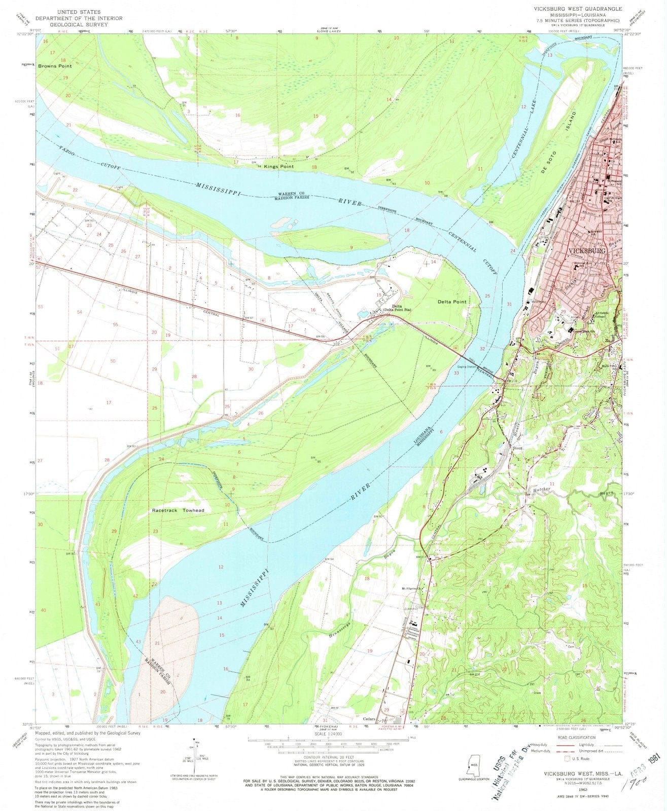 1962 Vicksburg West, MS - Mississippi - USGS Topographic Map