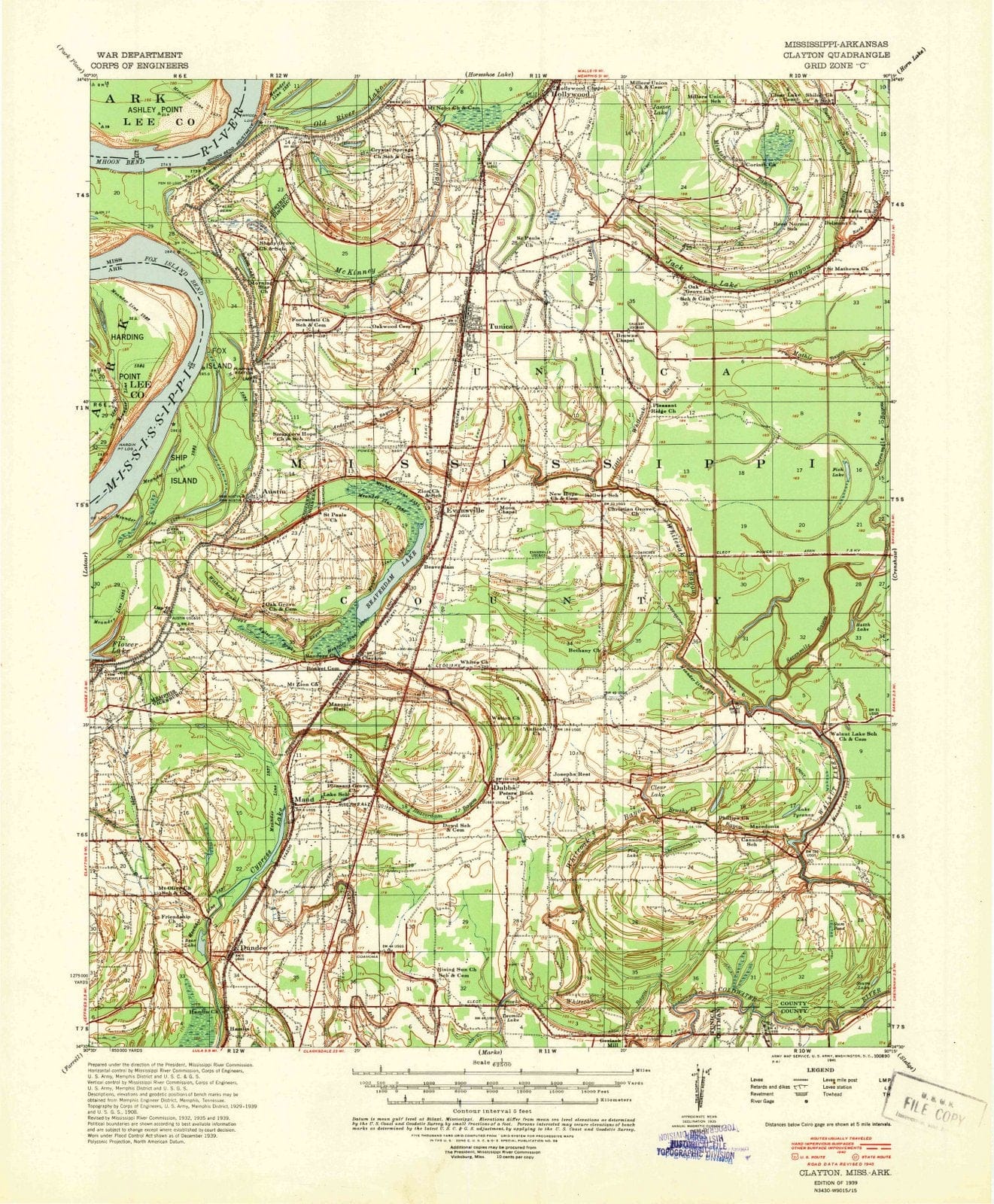 1939 Clayton, MS - Mississippi - USGS Topographic Map