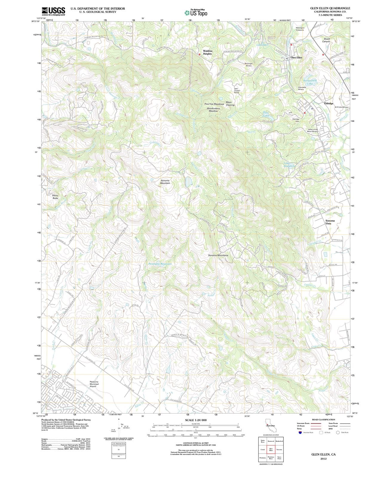 2012 Glen Ellen, CA California USGS Topographic Map Historic Pictoric
