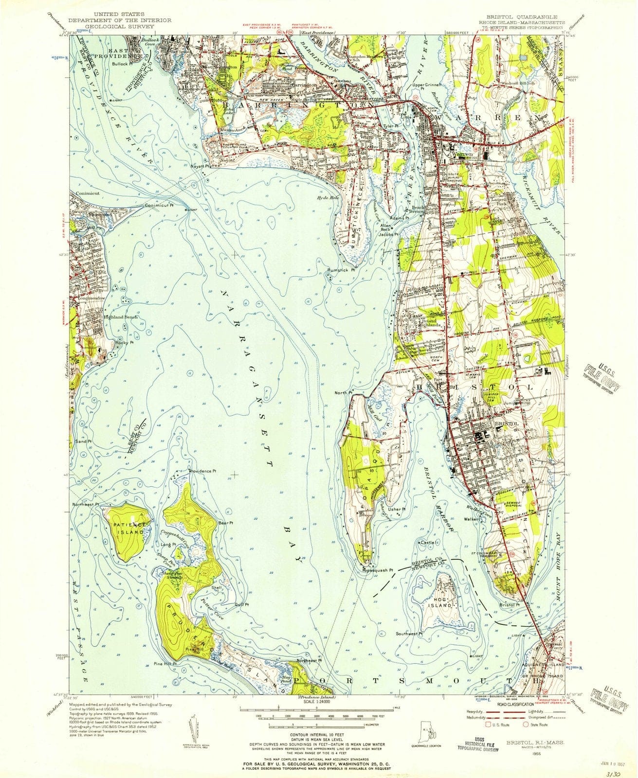 1955 Bristol, RI - Rhode Island - USGS Topographic Map