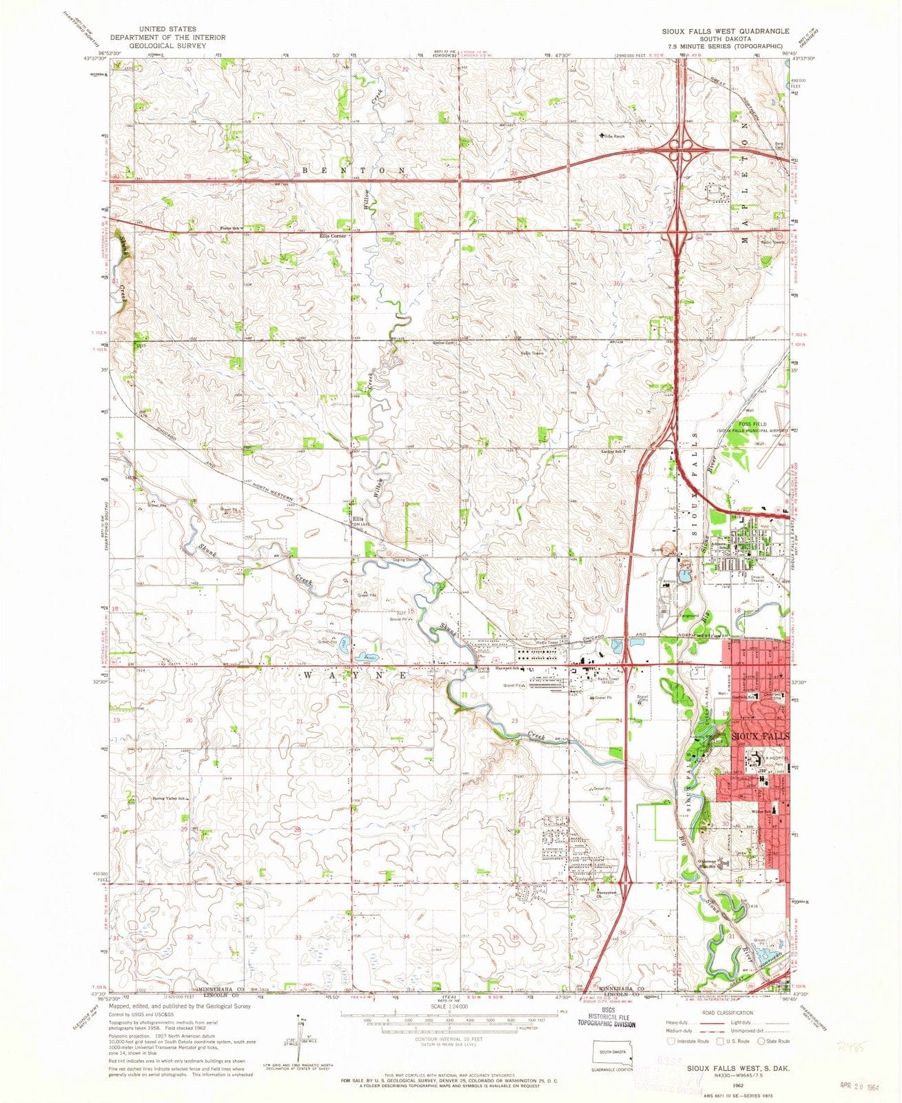 1962 Sioux Falls West, SD - South Dakota - USGS Topographic Map