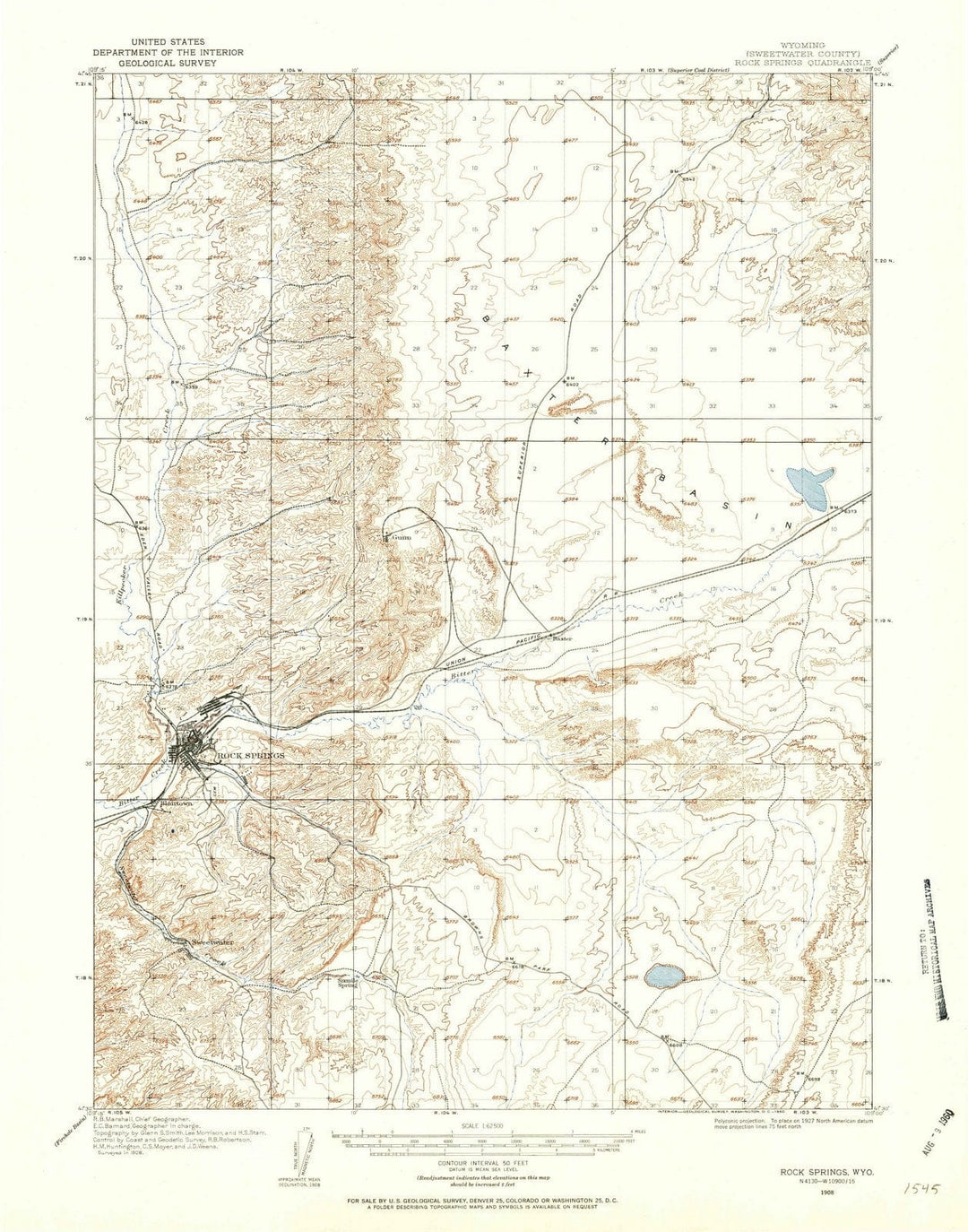 1908 Rock Springs, WY - Wyoming - USGS Topographic Map