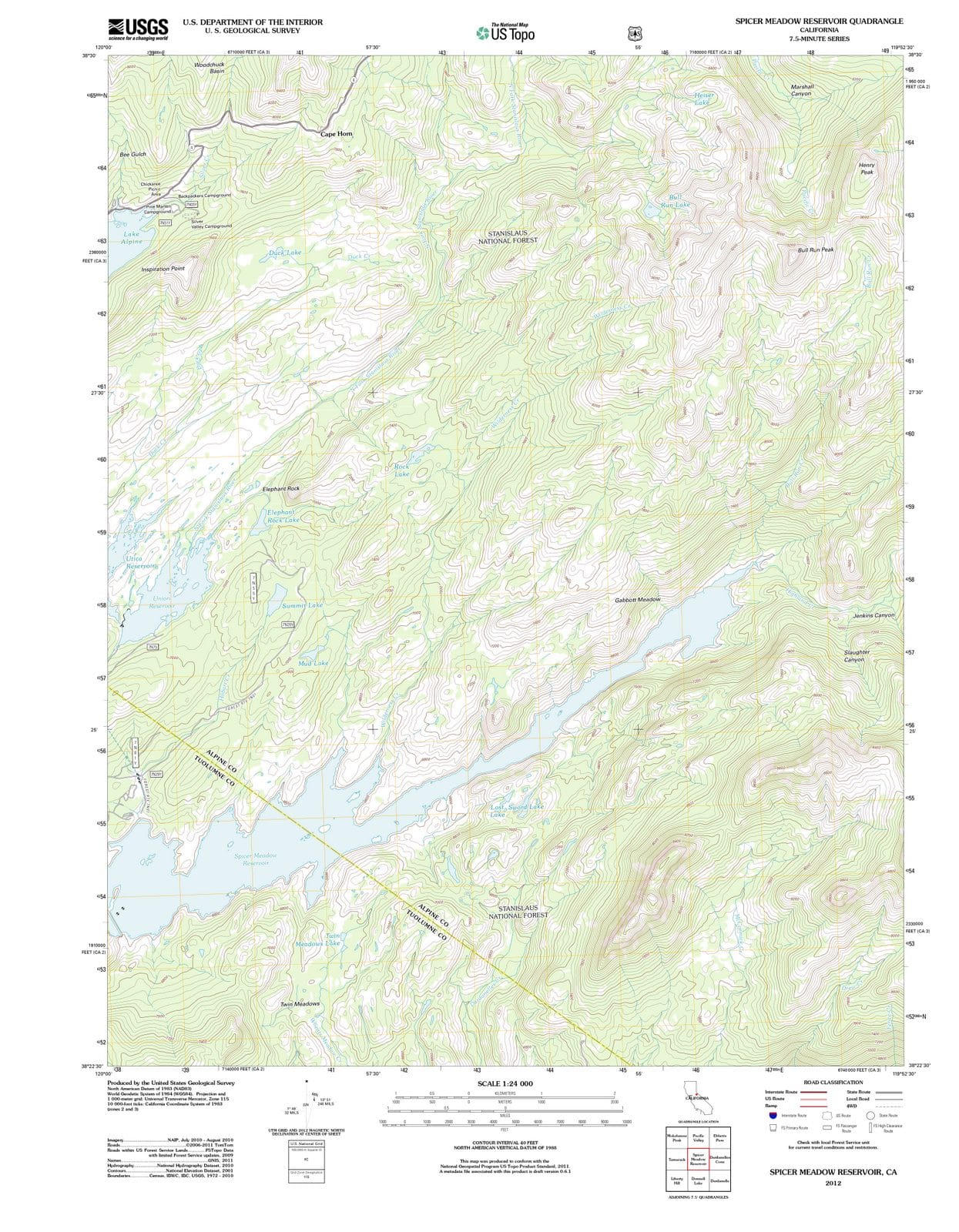 2012 Spicer Meadow Reservoir, CA - California - USGS Topographic Map