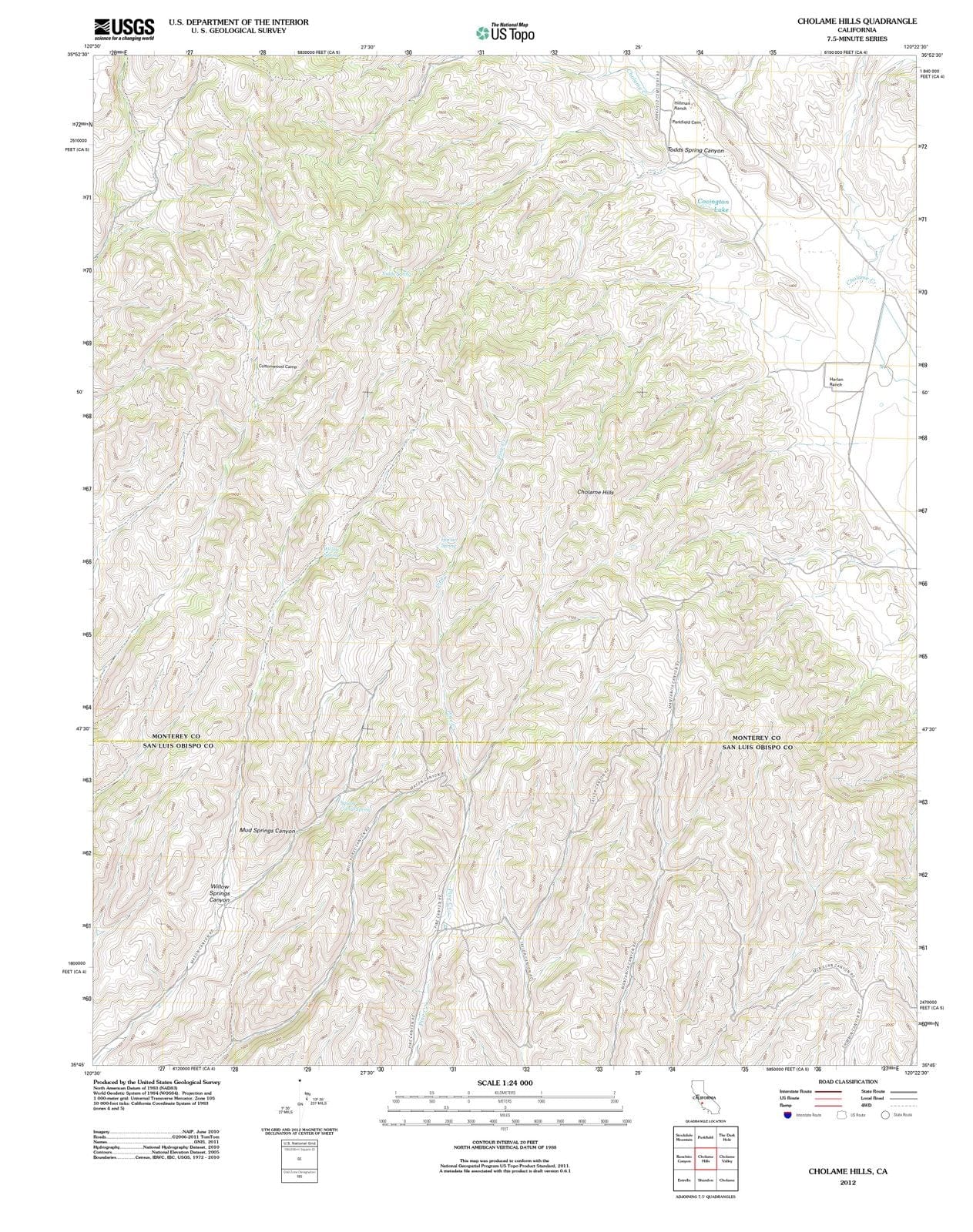 2012 Cholame Hills, CA - California - USGS Topographic Map