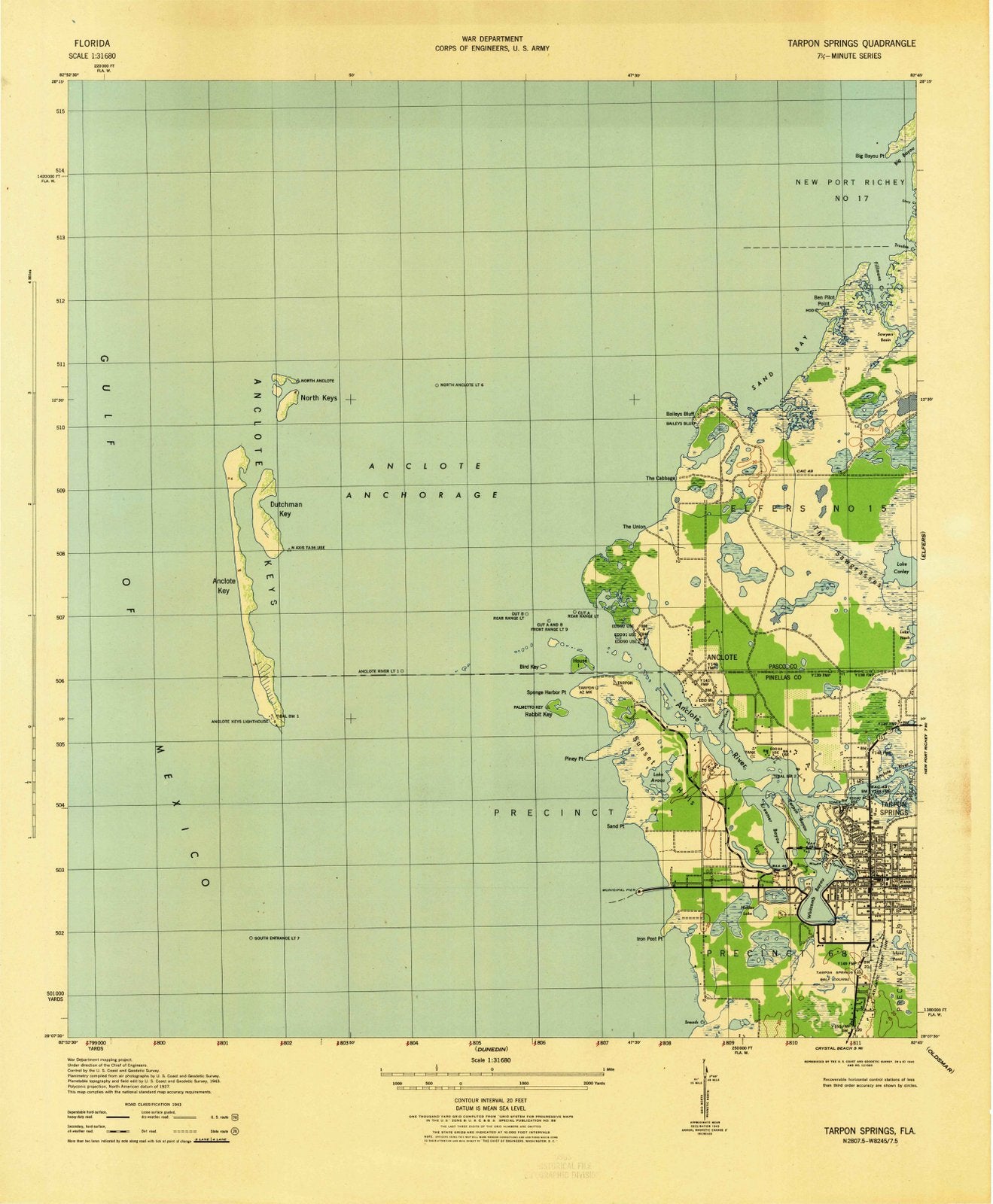 1943 Tarpon Springs, FL - Florida - USGS Topographic Map