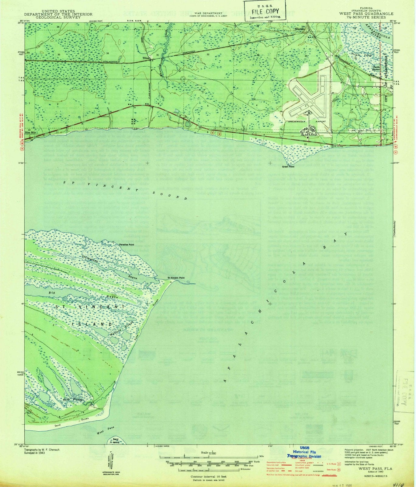 1943 West Pass, FL - Florida - USGS Topographic Map