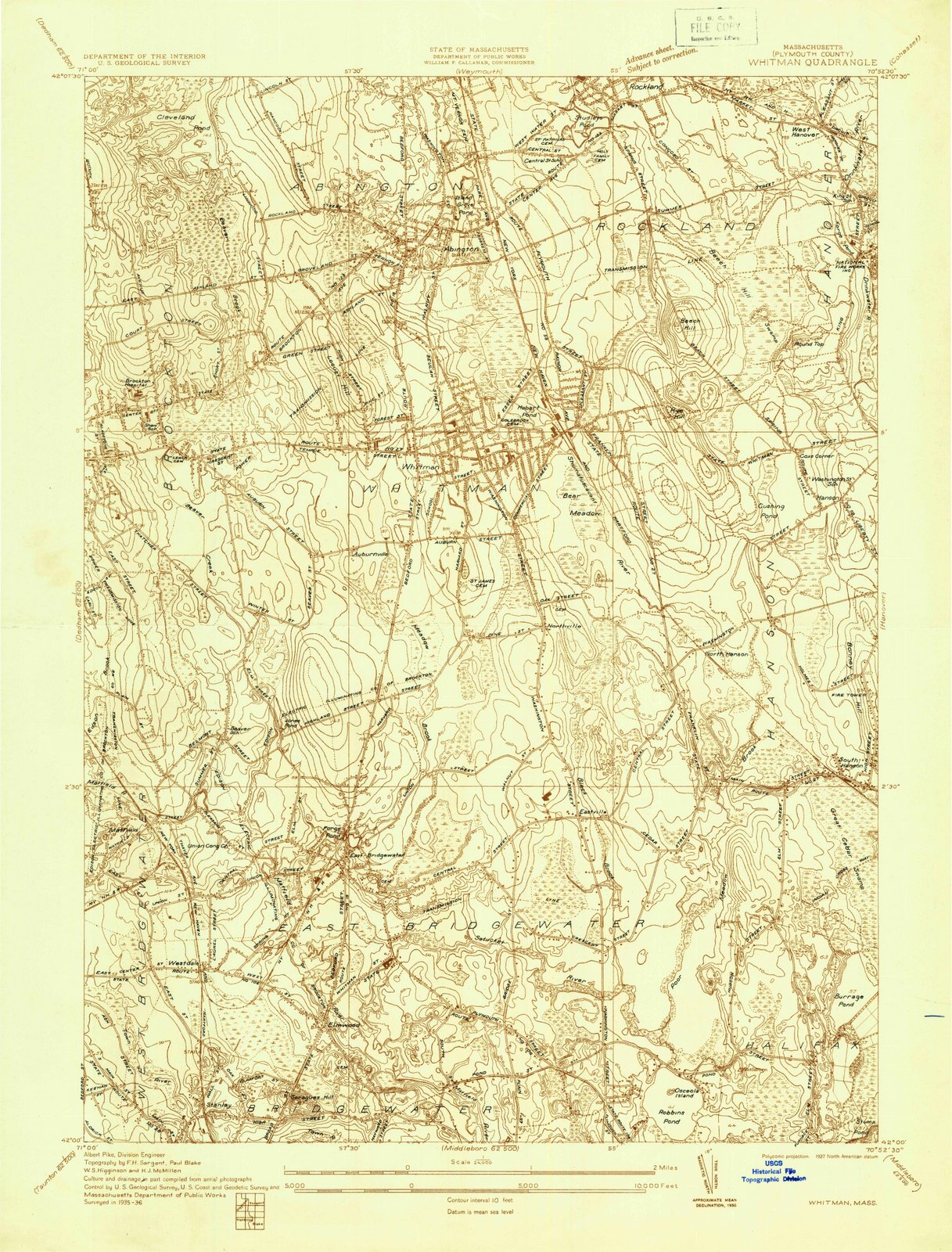 1936 Whitman, MA - Massachusetts - USGS Topographic Map
