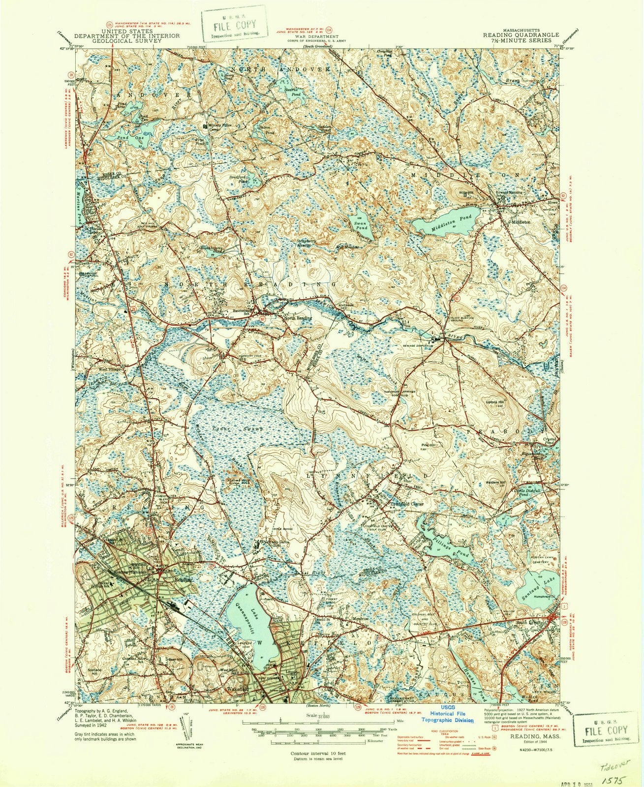 1944 Reading, MA - Massachusetts - USGS Topographic Map