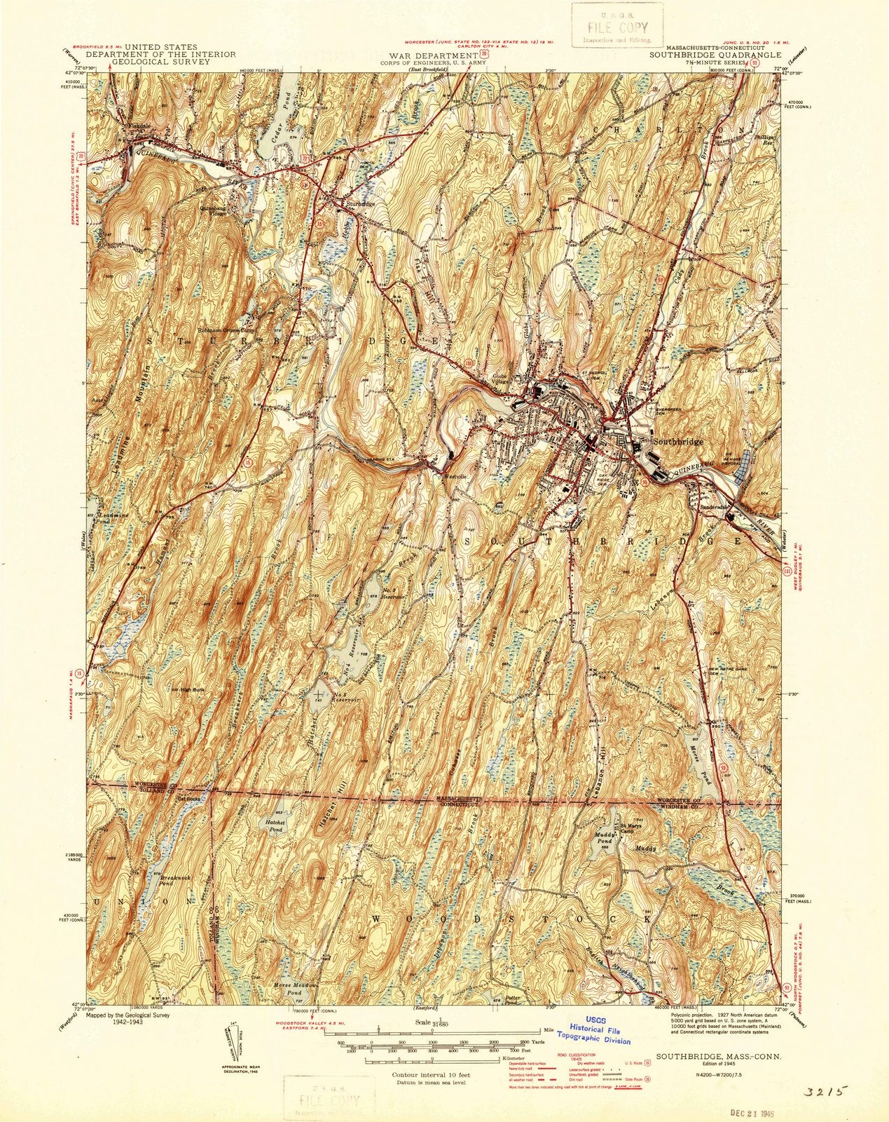 1945 Southbridge, MA - Massachusetts - USGS Topographic Map