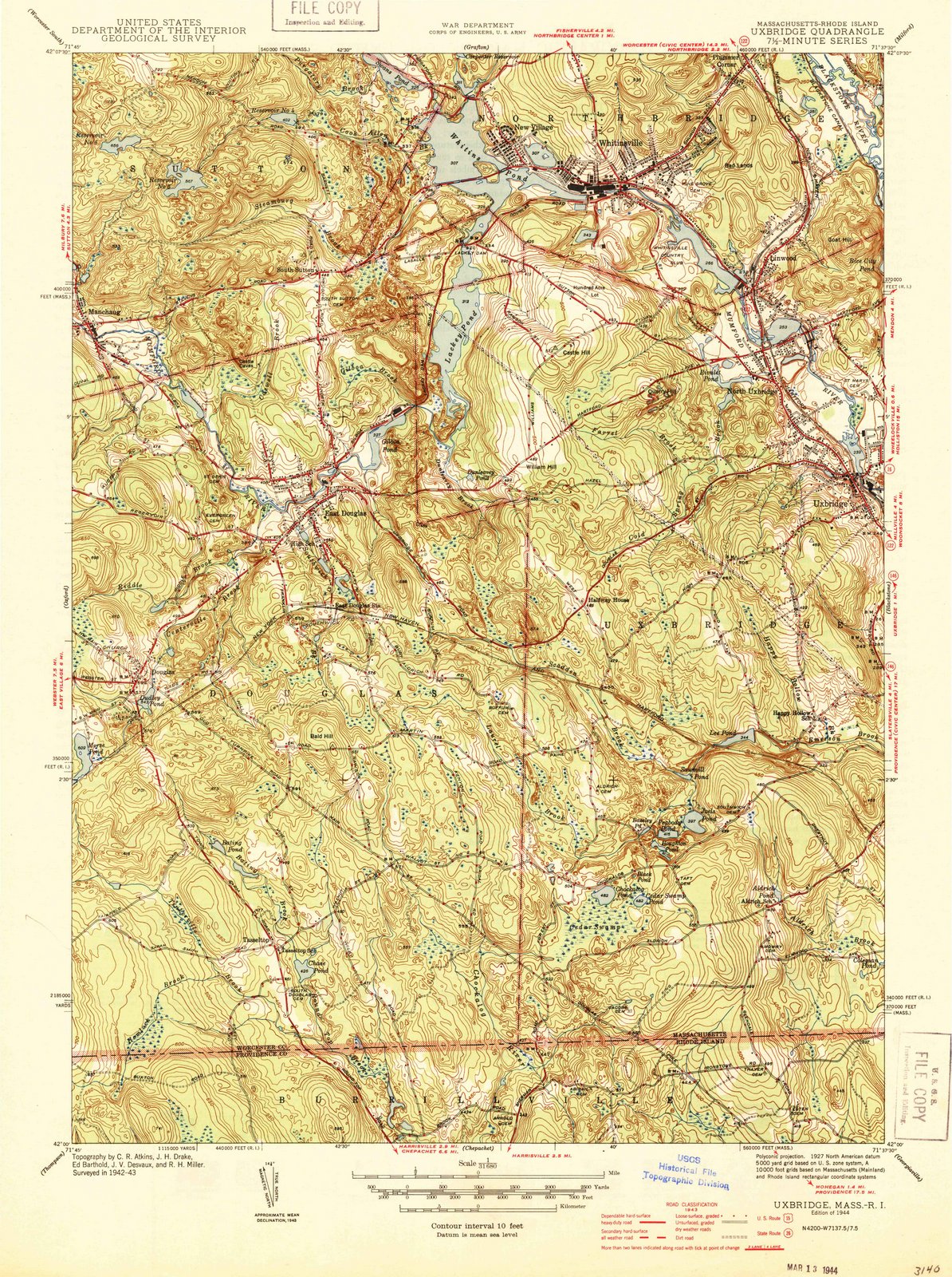 1944 Uxbridge, MA - Massachusetts - USGS Topographic Map