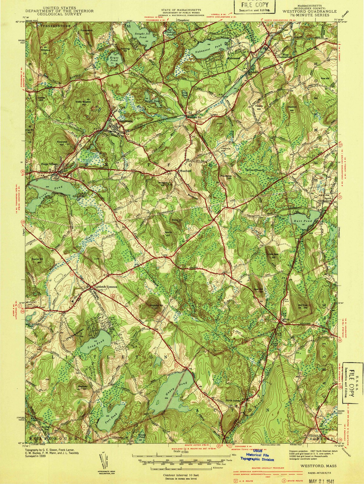 1941 Westford, MA - Massachusetts - USGS Topographic Map